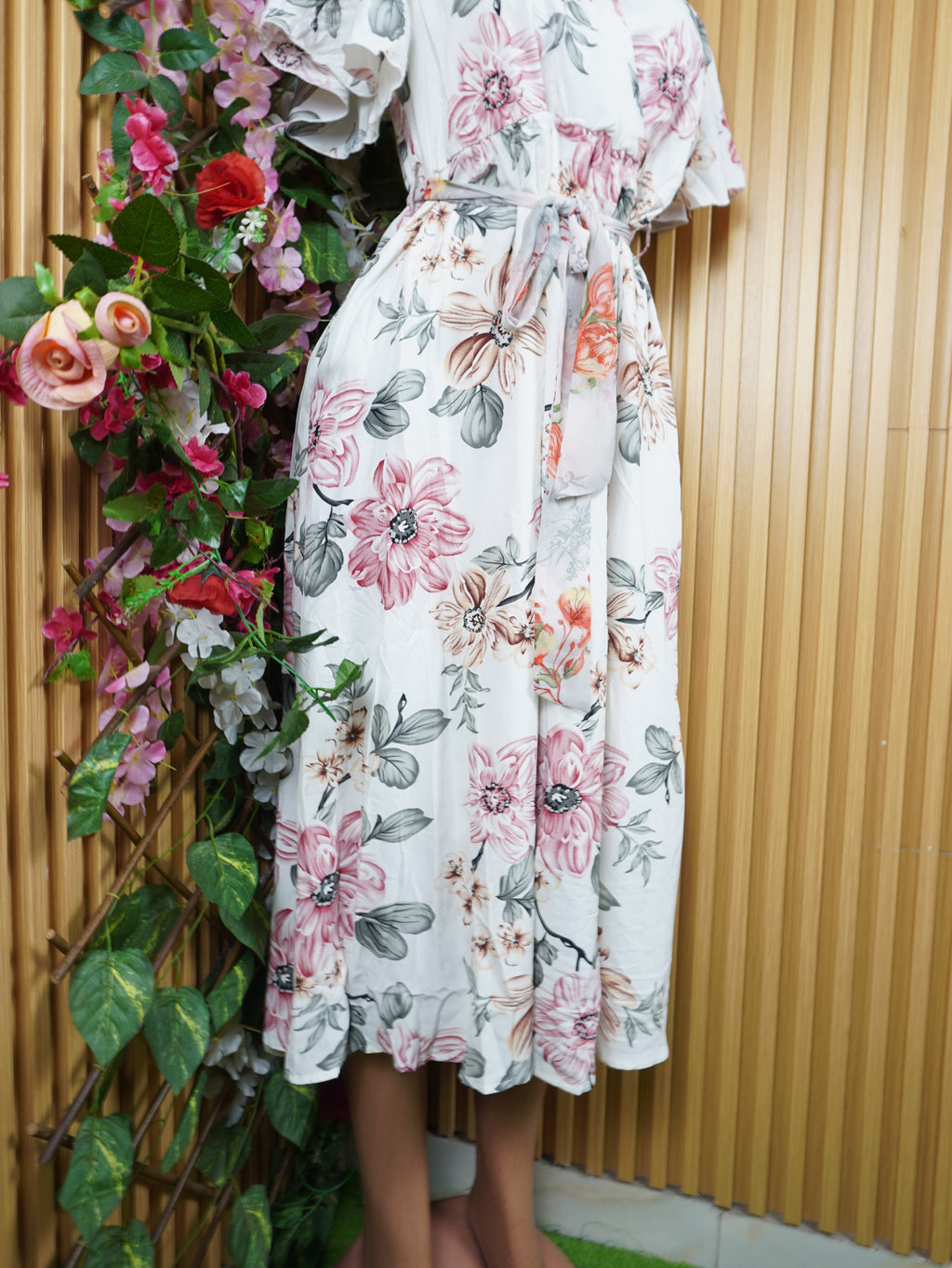 Robe évasée longue manches courtes imprimée fleurie-M