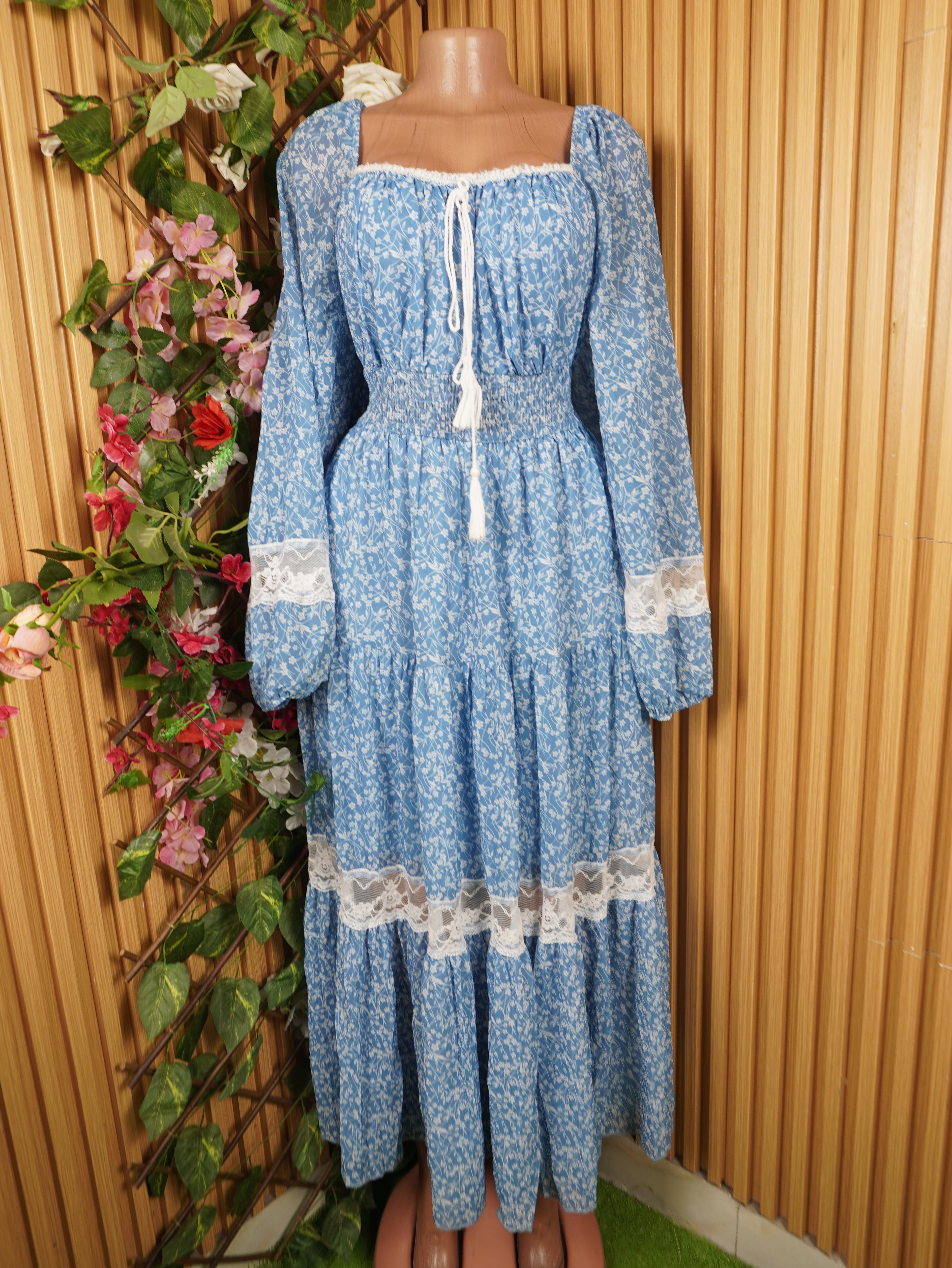 Robe évasée longue manches longues col carré-XXL