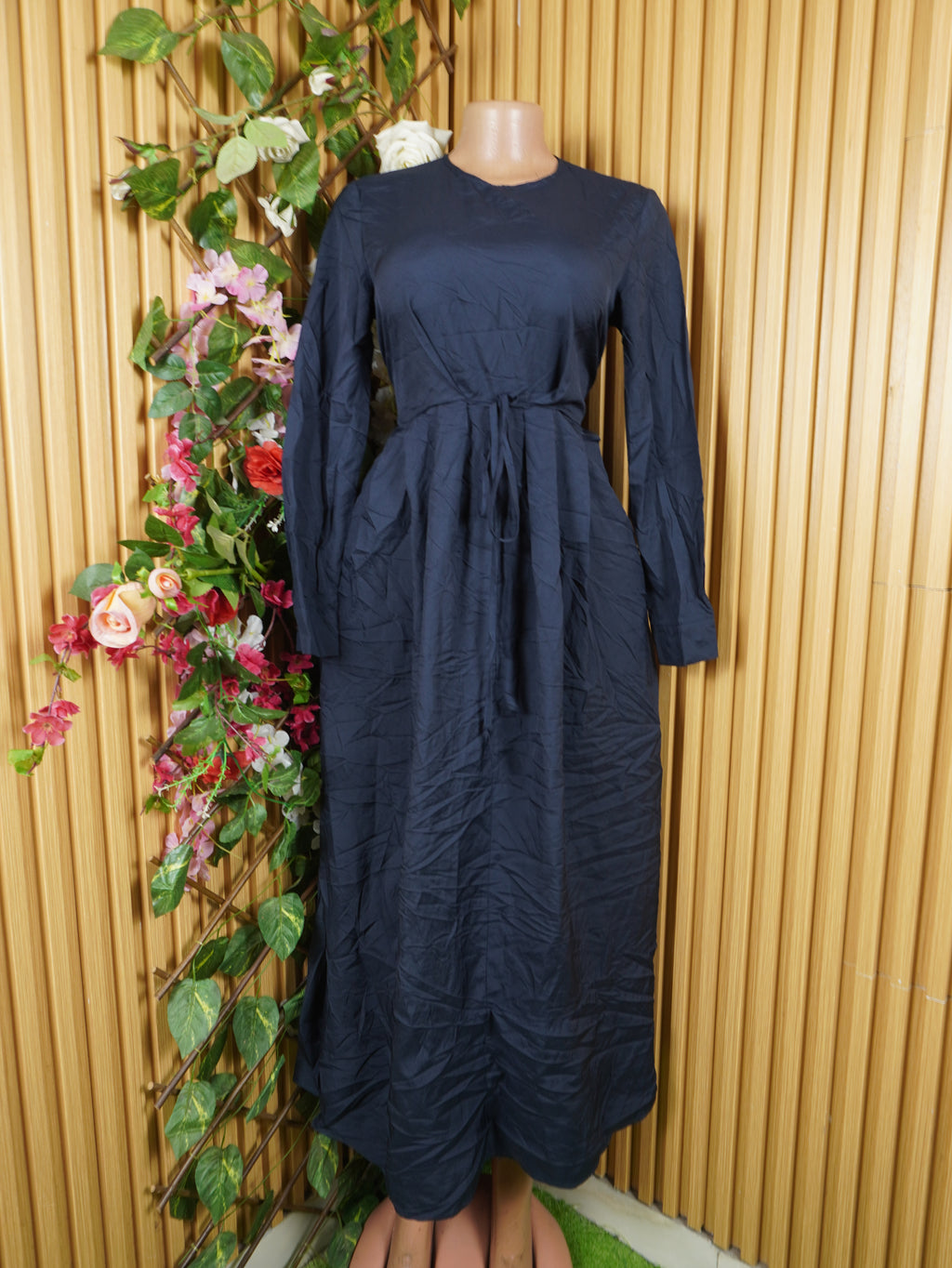 Robe évasée longue manches longues ceinttrée-S