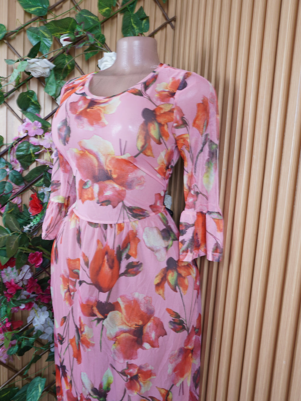 Robe evasée manches 3/4 imprimée fleurie décolletée-S