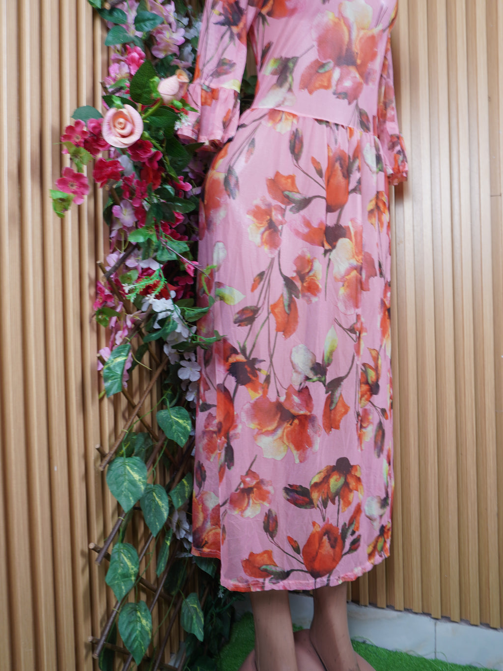 Robe evasée manches 3/4 imprimée fleurie décolletée-S