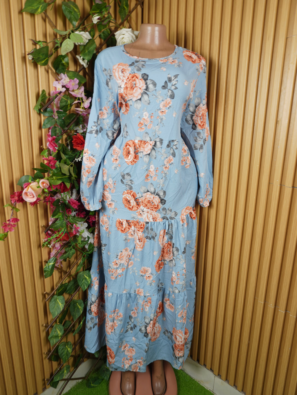 Robe évasée longue manches longues imprimée fleuire-XXL