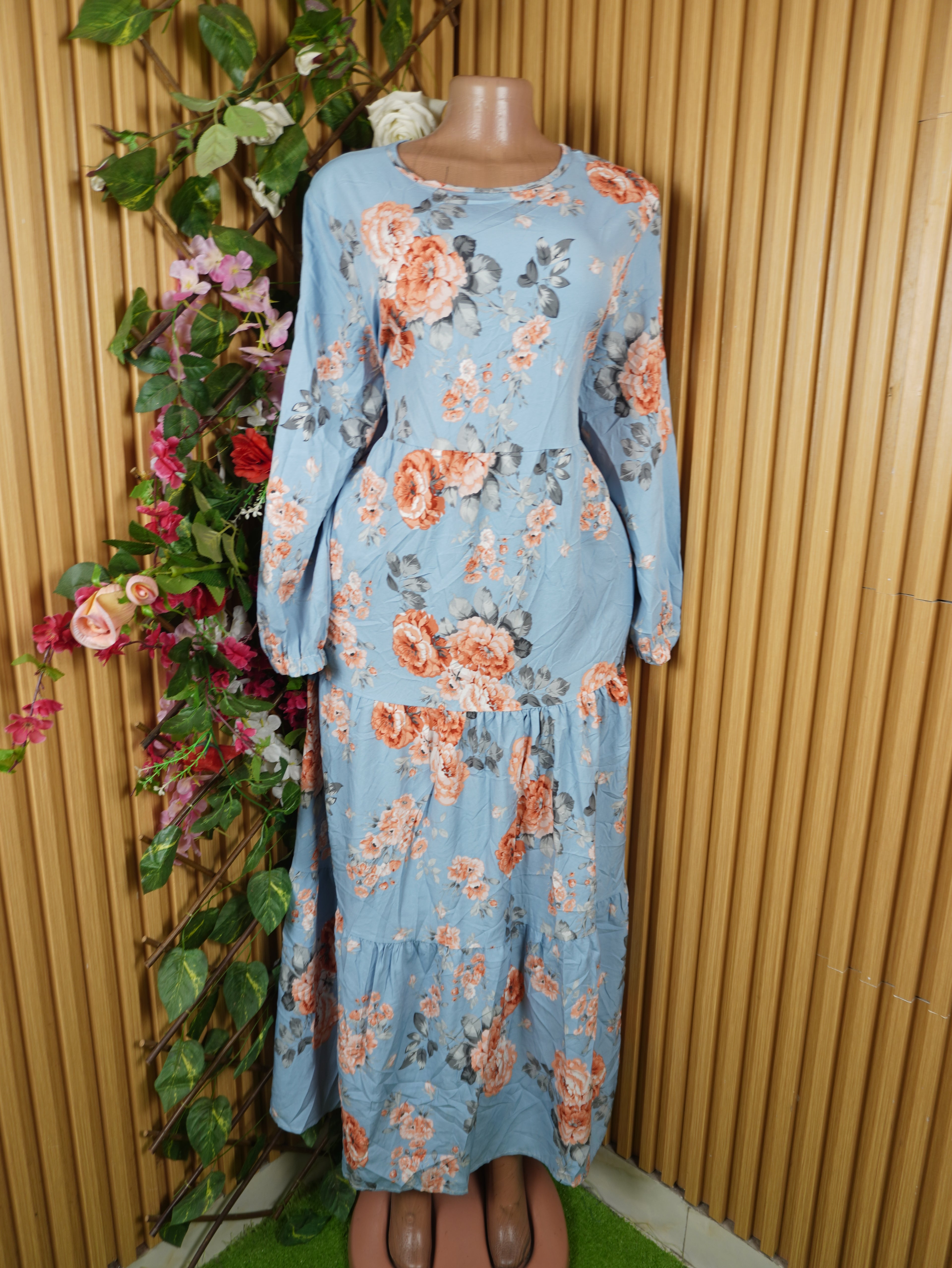 Robe évasée longue manches longues imprimée fleuire-XXL