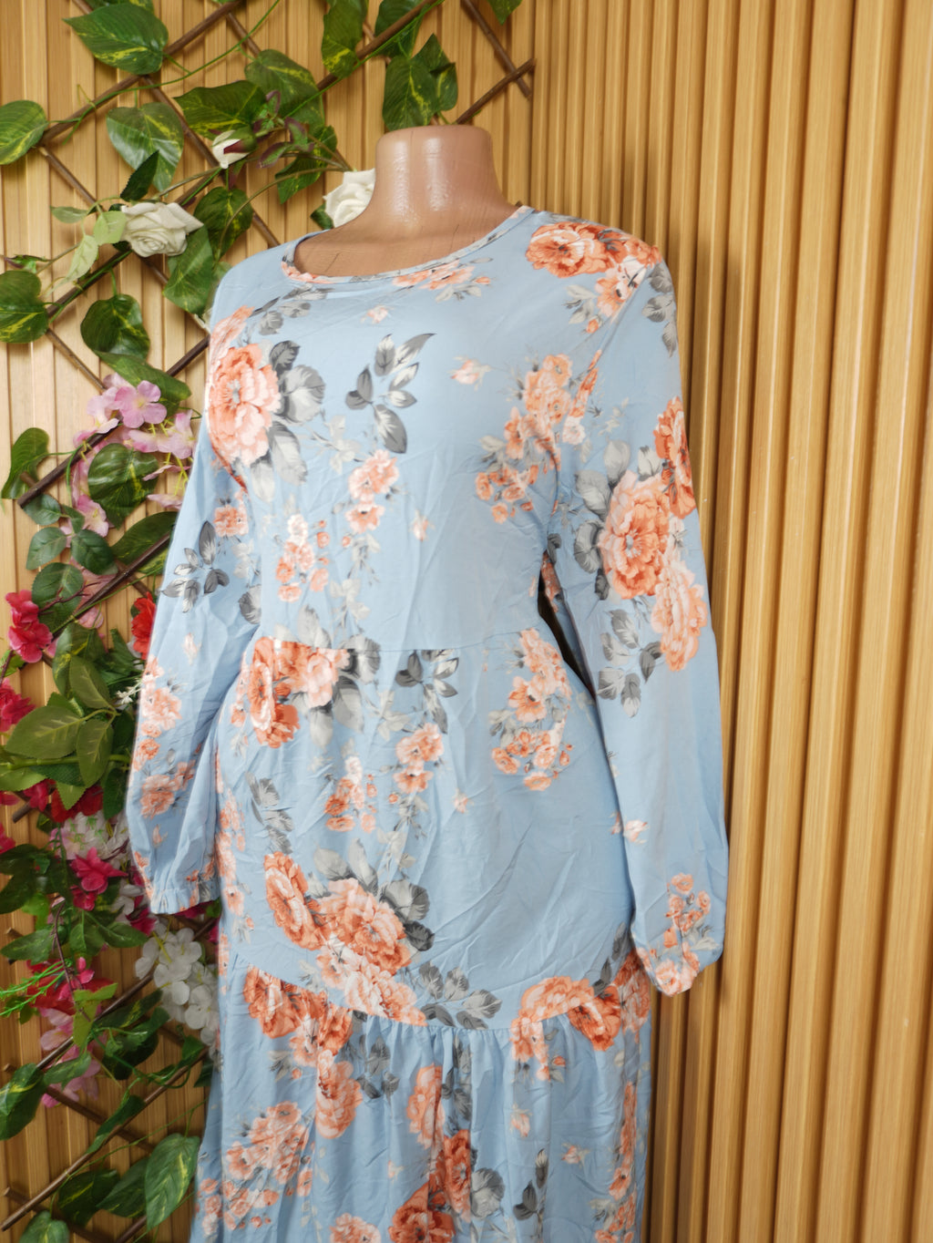 Robe évasée longue manches longues imprimée fleuire-XXL