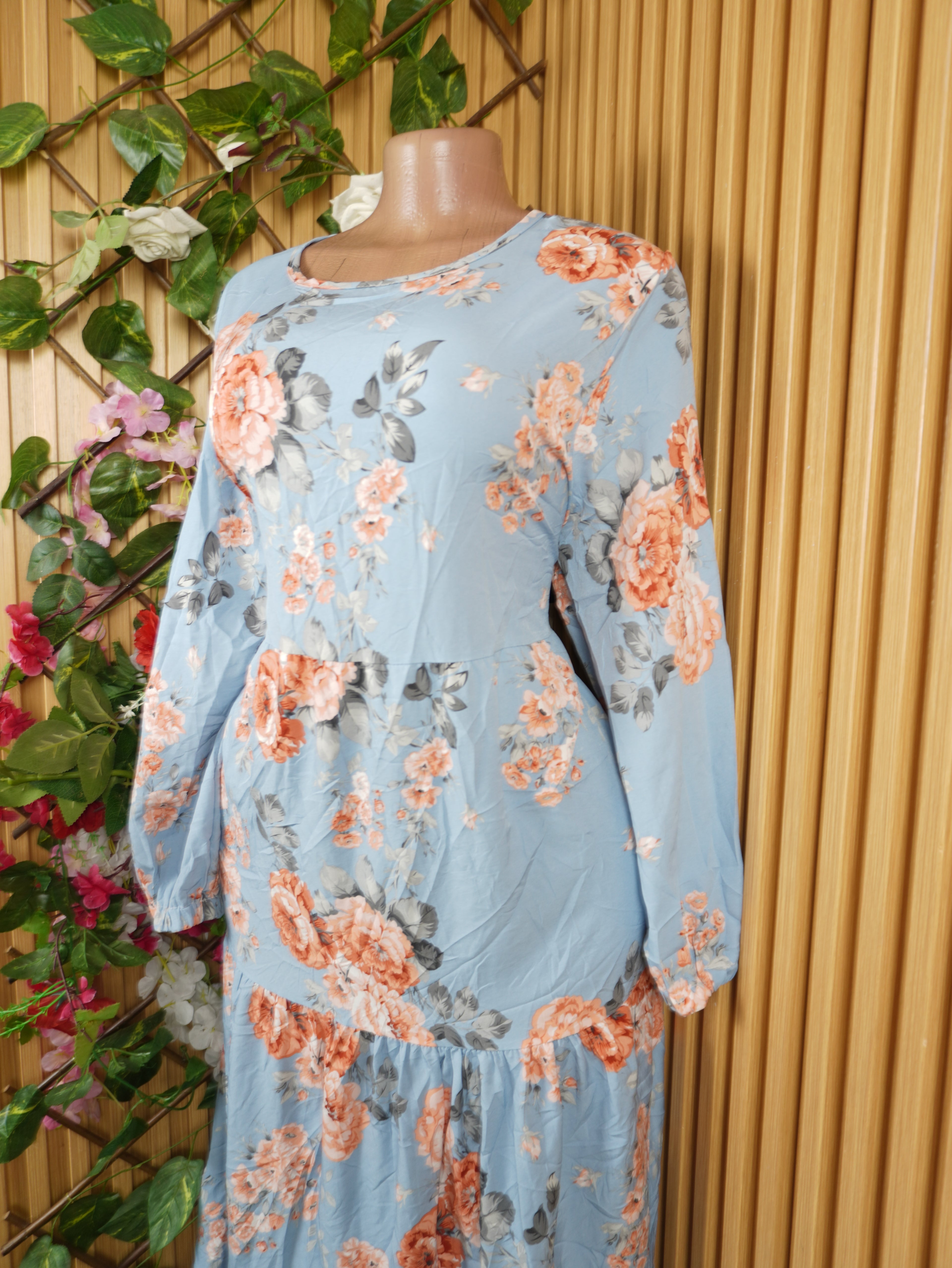Robe évasée longue manches longues imprimée fleuire-XXL