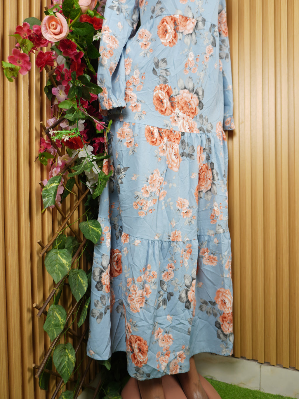 Robe évasée longue manches longues imprimée fleuire-XXL