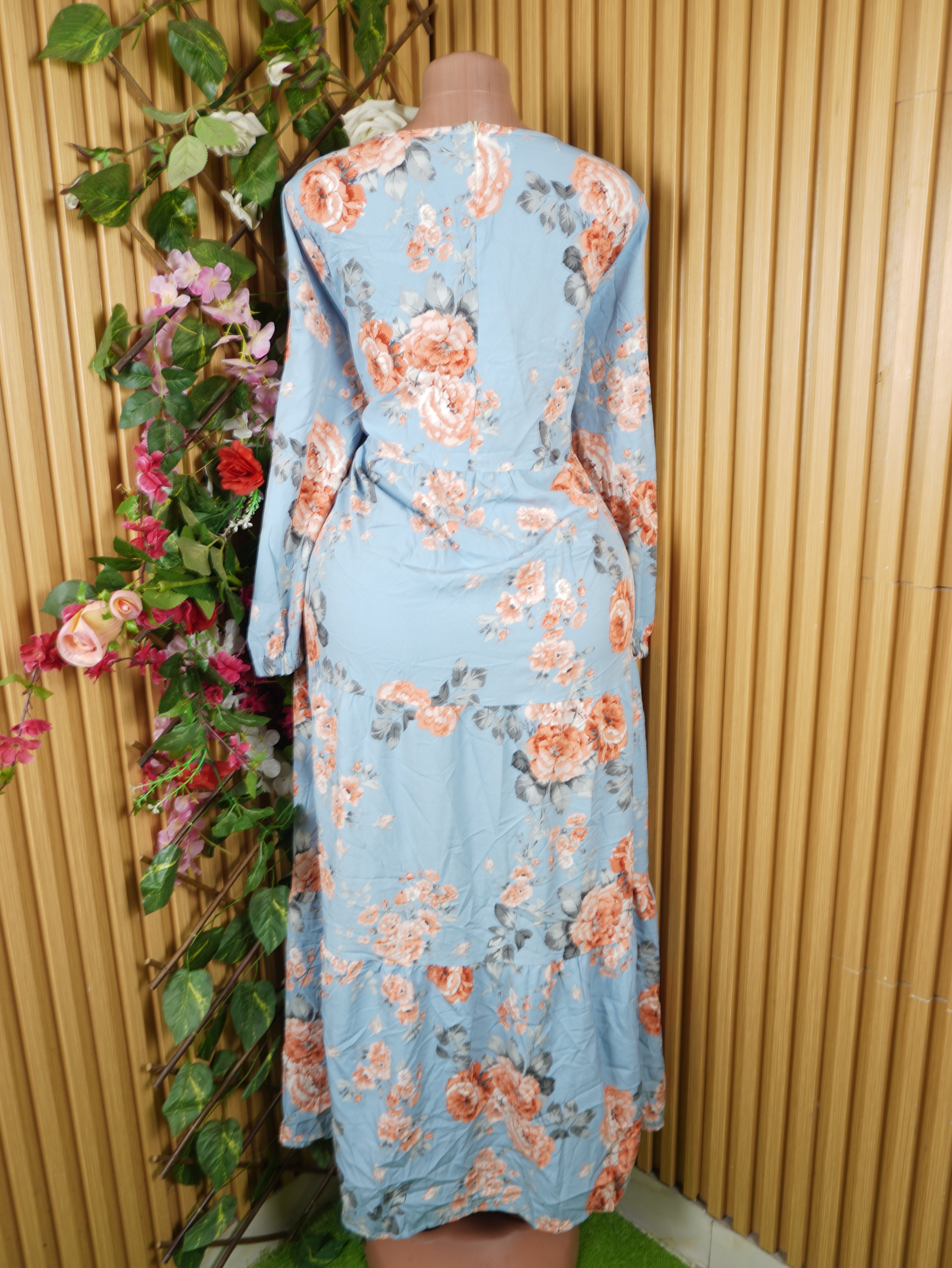 Robe évasée longue manches longues imprimée fleuire-XXL