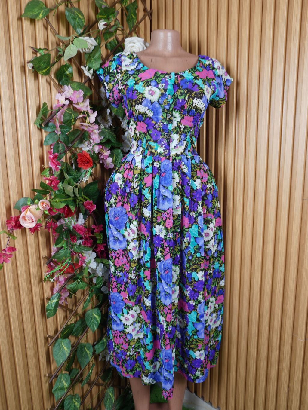 Robe évasée longue manches courtes imprimée fleurie-S