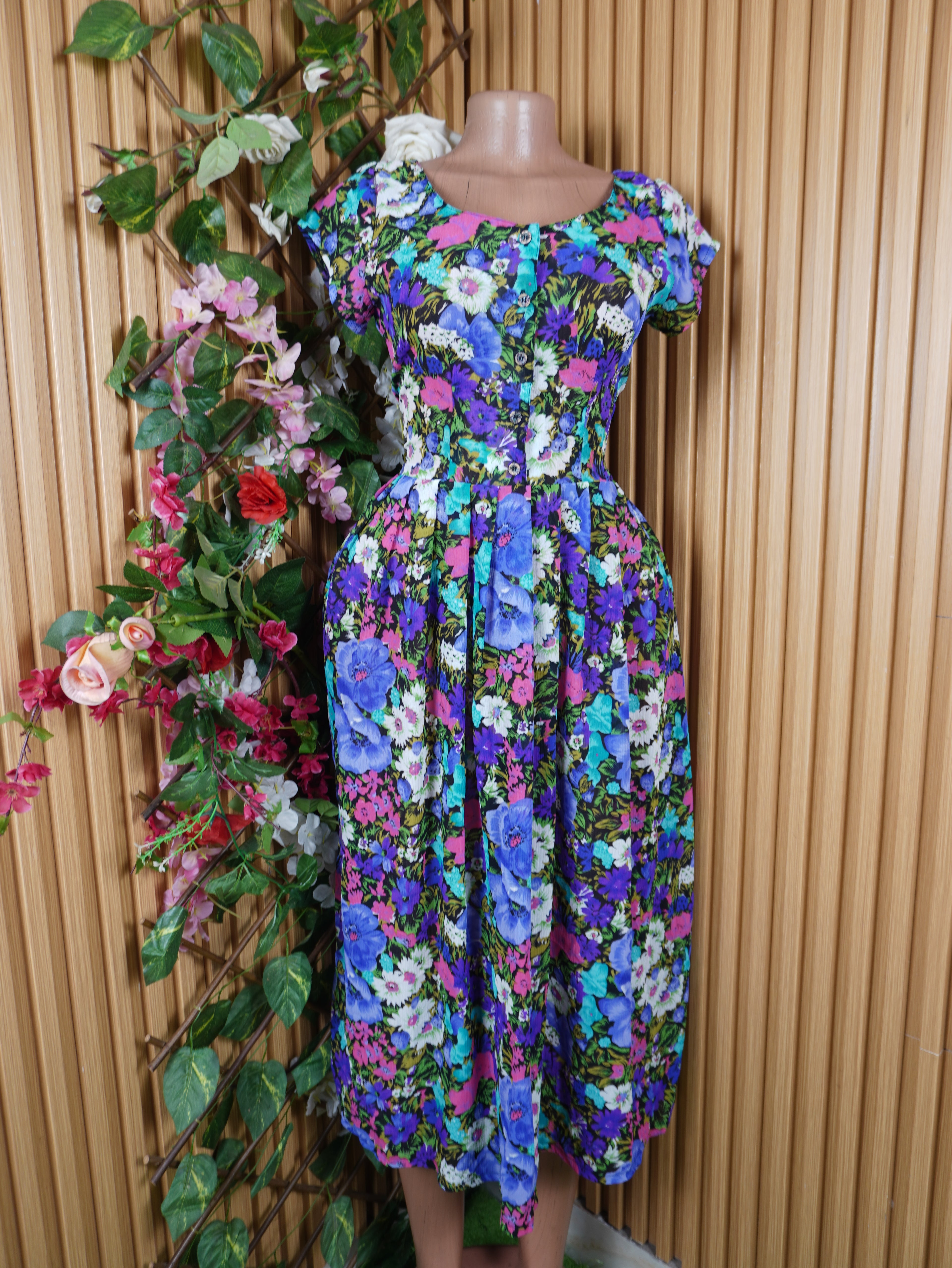 Robe évasée longue manches courtes imprimée fleurie-S