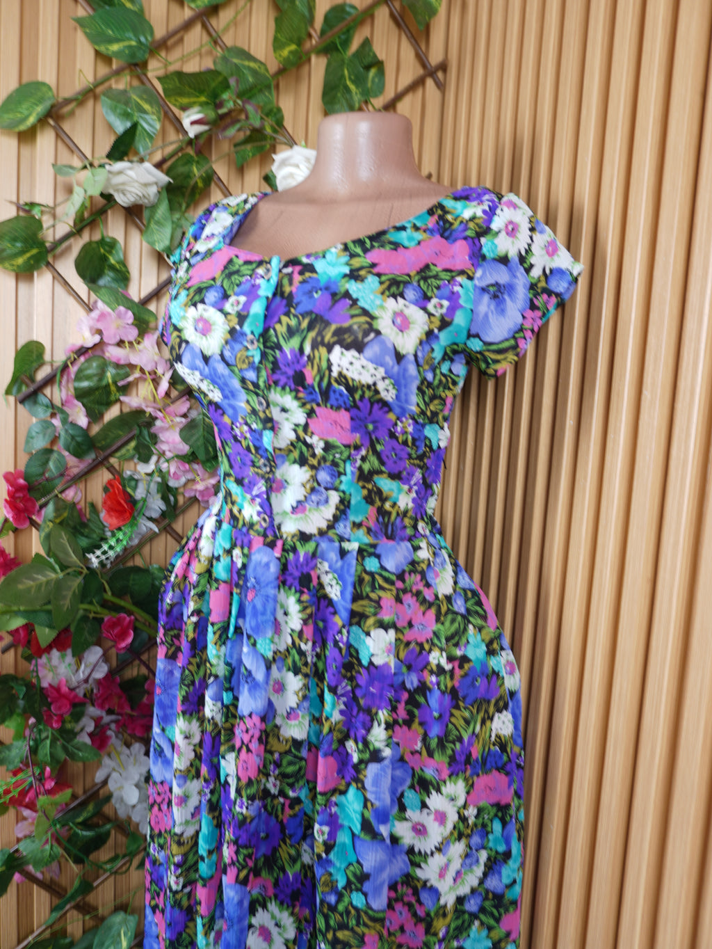 Robe évasée longue manches courtes imprimée fleurie-S