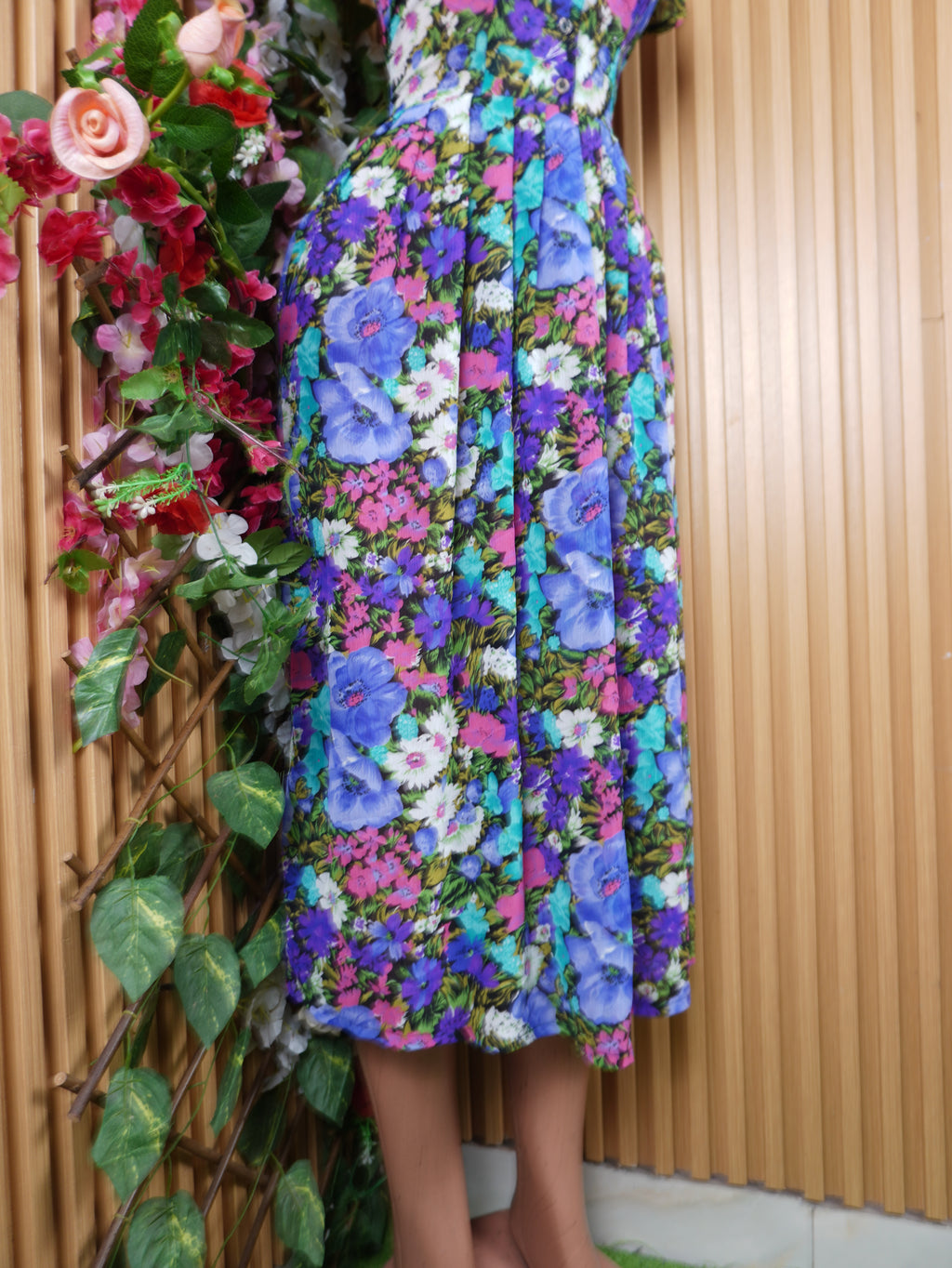 Robe évasée longue manches courtes imprimée fleurie-S