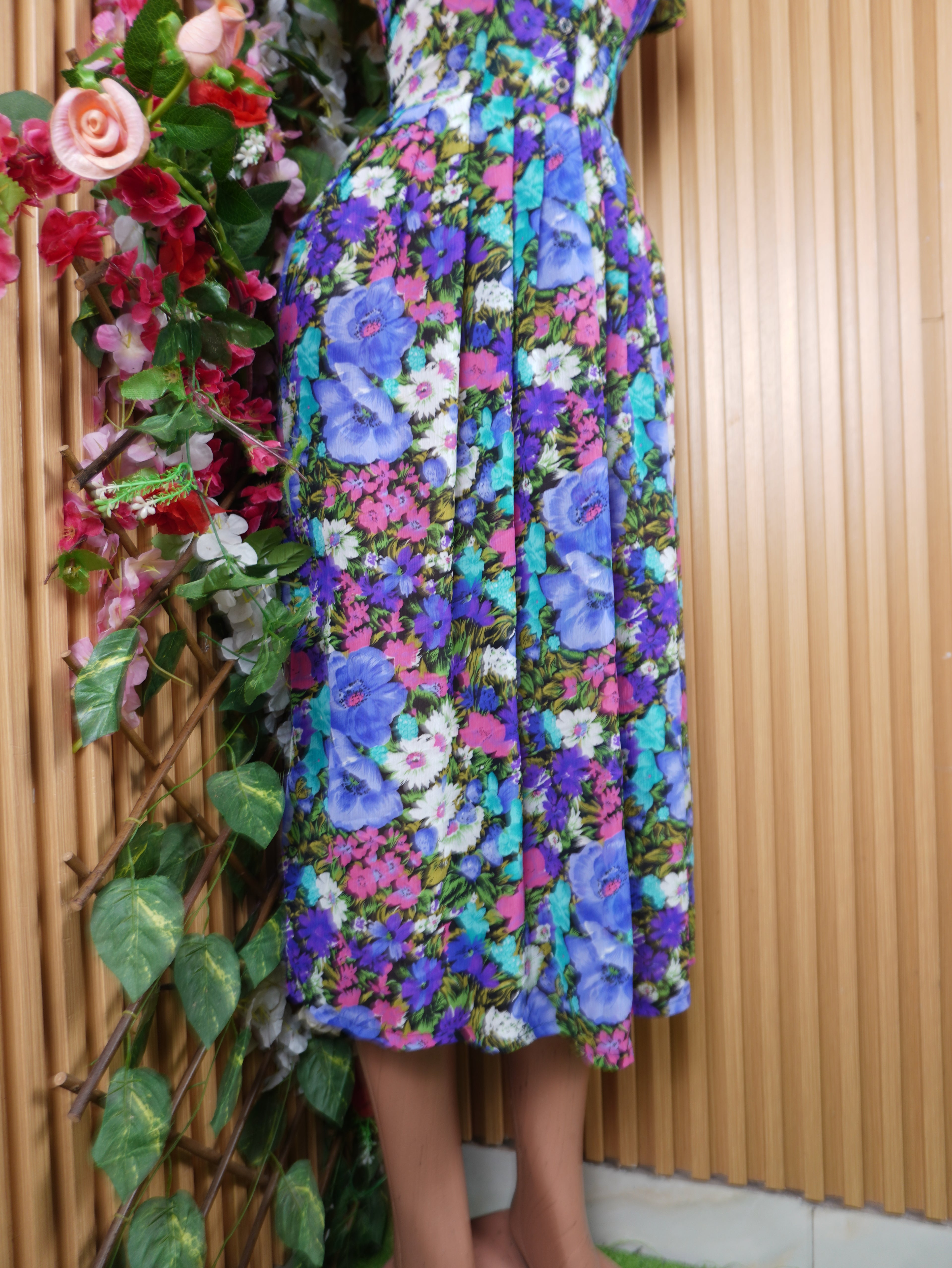 Robe évasée longue manches courtes imprimée fleurie-S