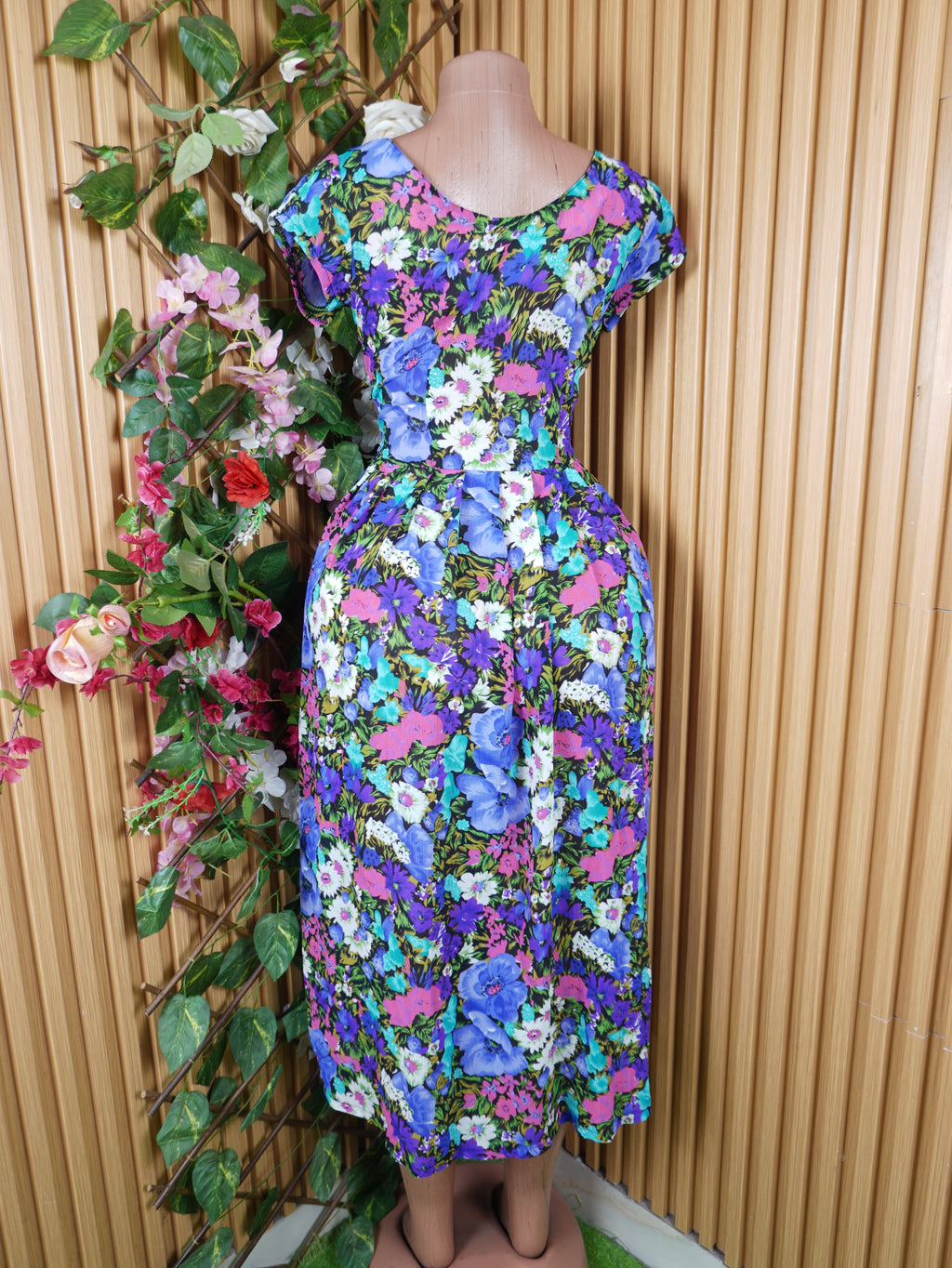 Robe évasée longue manches courtes imprimée fleurie-S
