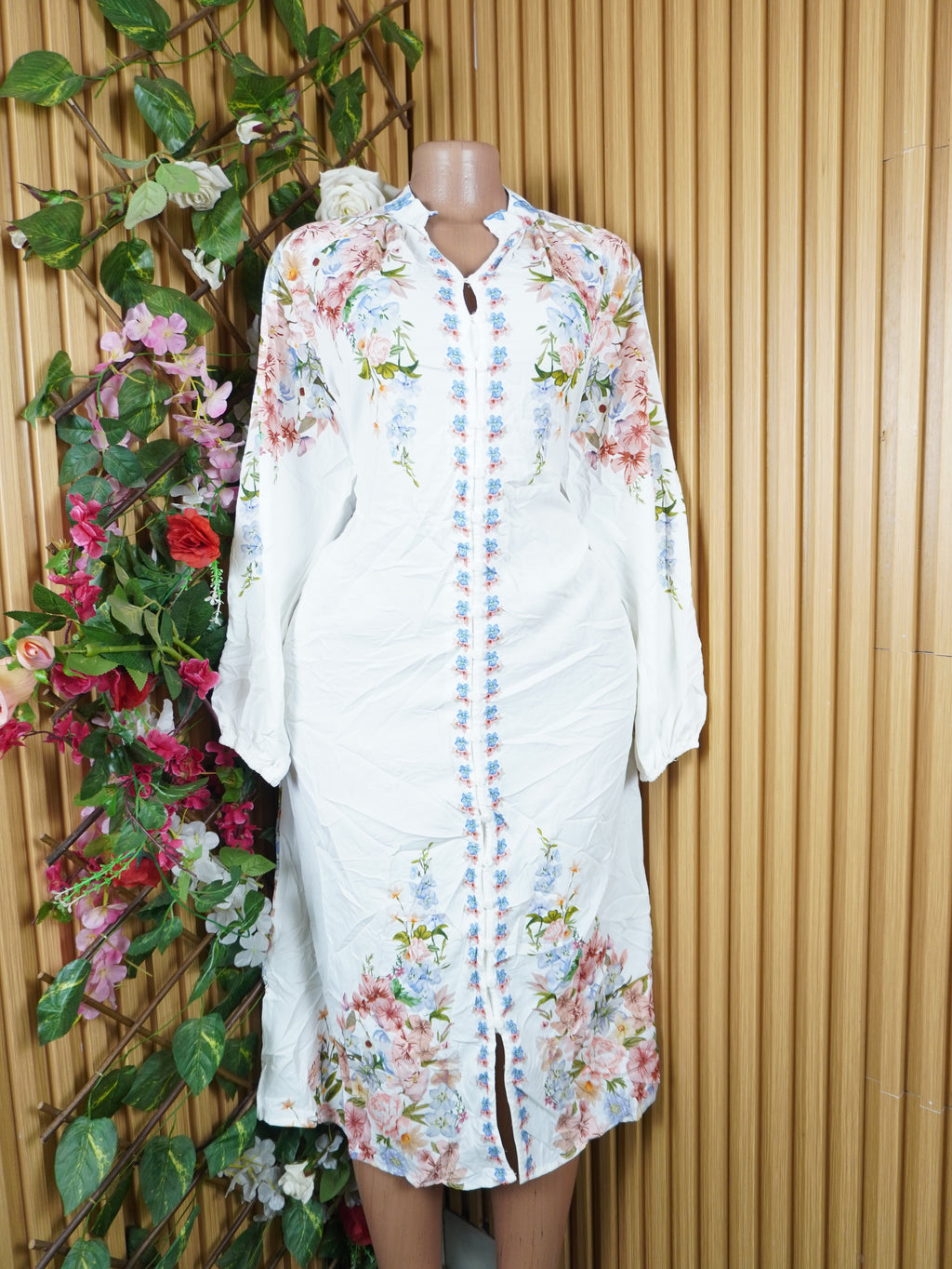 Robe évasée mi-longue manches longues imprimée fleurie-L