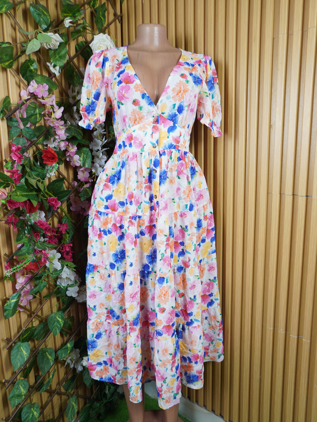 Robe evasée longue manches courtes imprimée fleurie-S