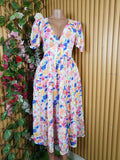 Robe evasée longue manches courtes imprimée fleurie-S