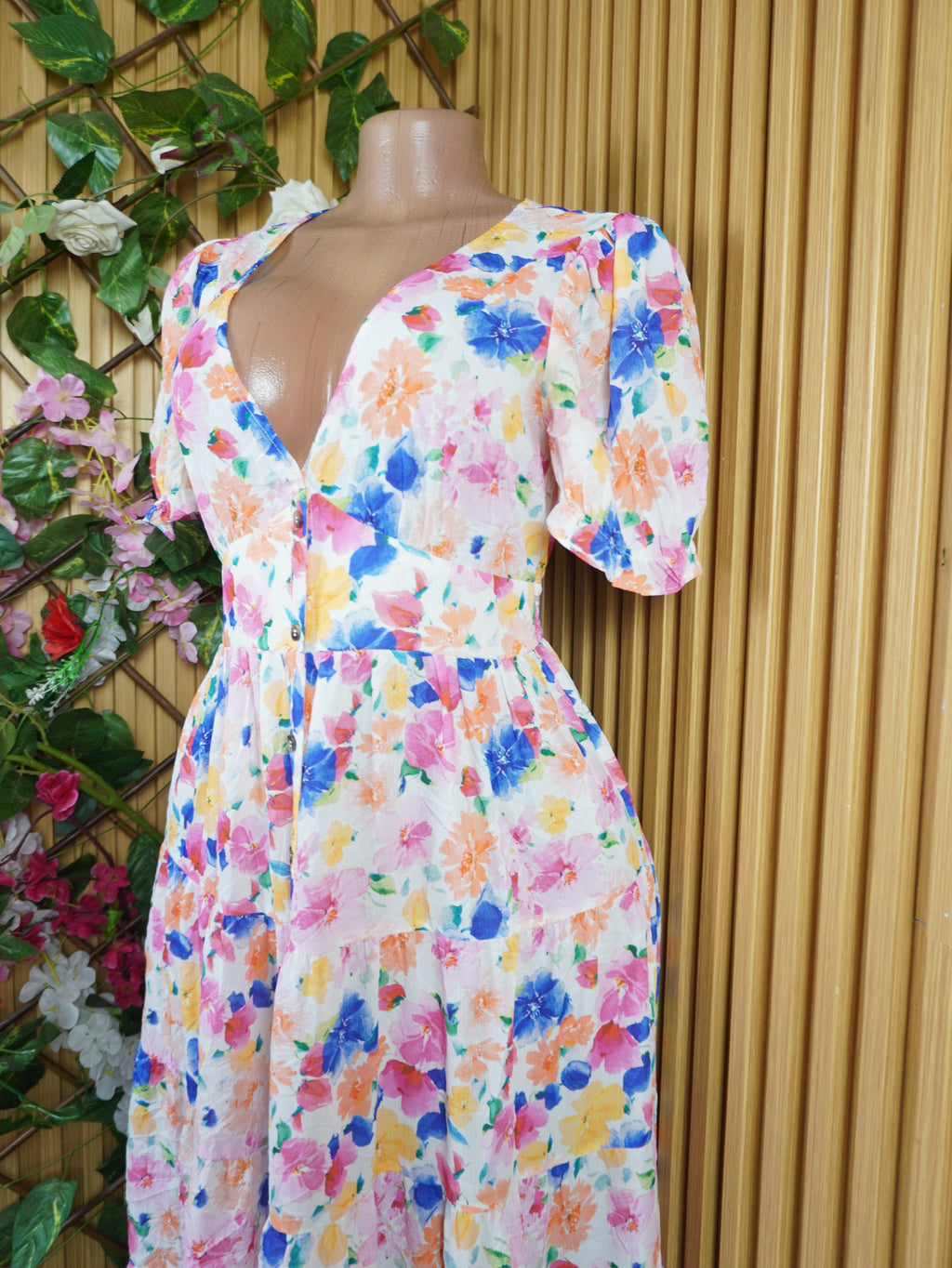 Robe evasée longue manches courtes imprimée fleurie-S