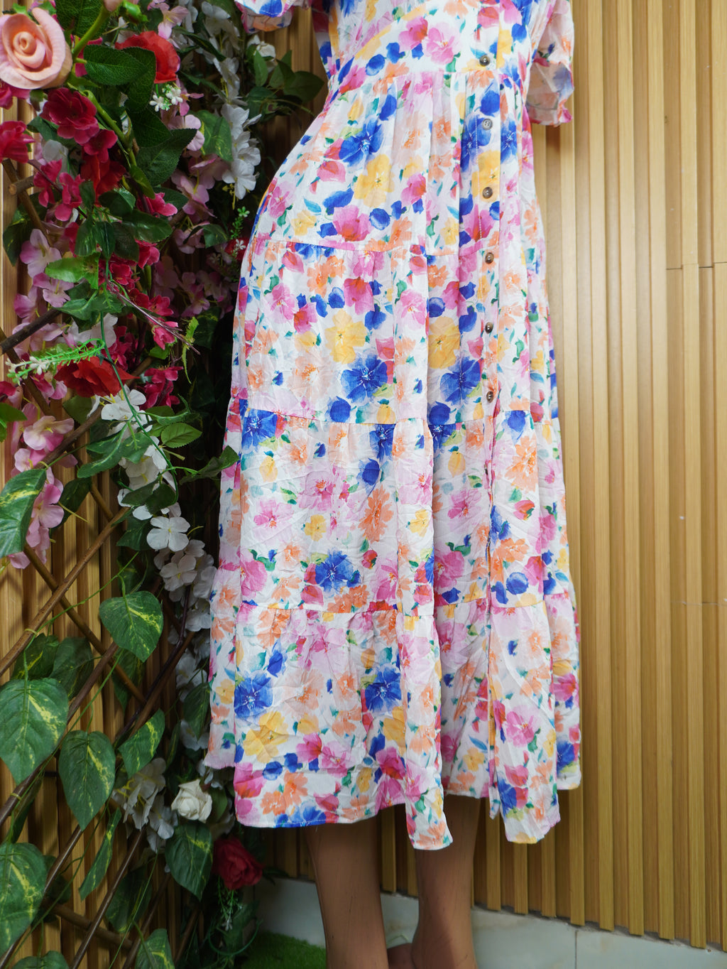 Robe evasée longue manches courtes imprimée fleurie-S
