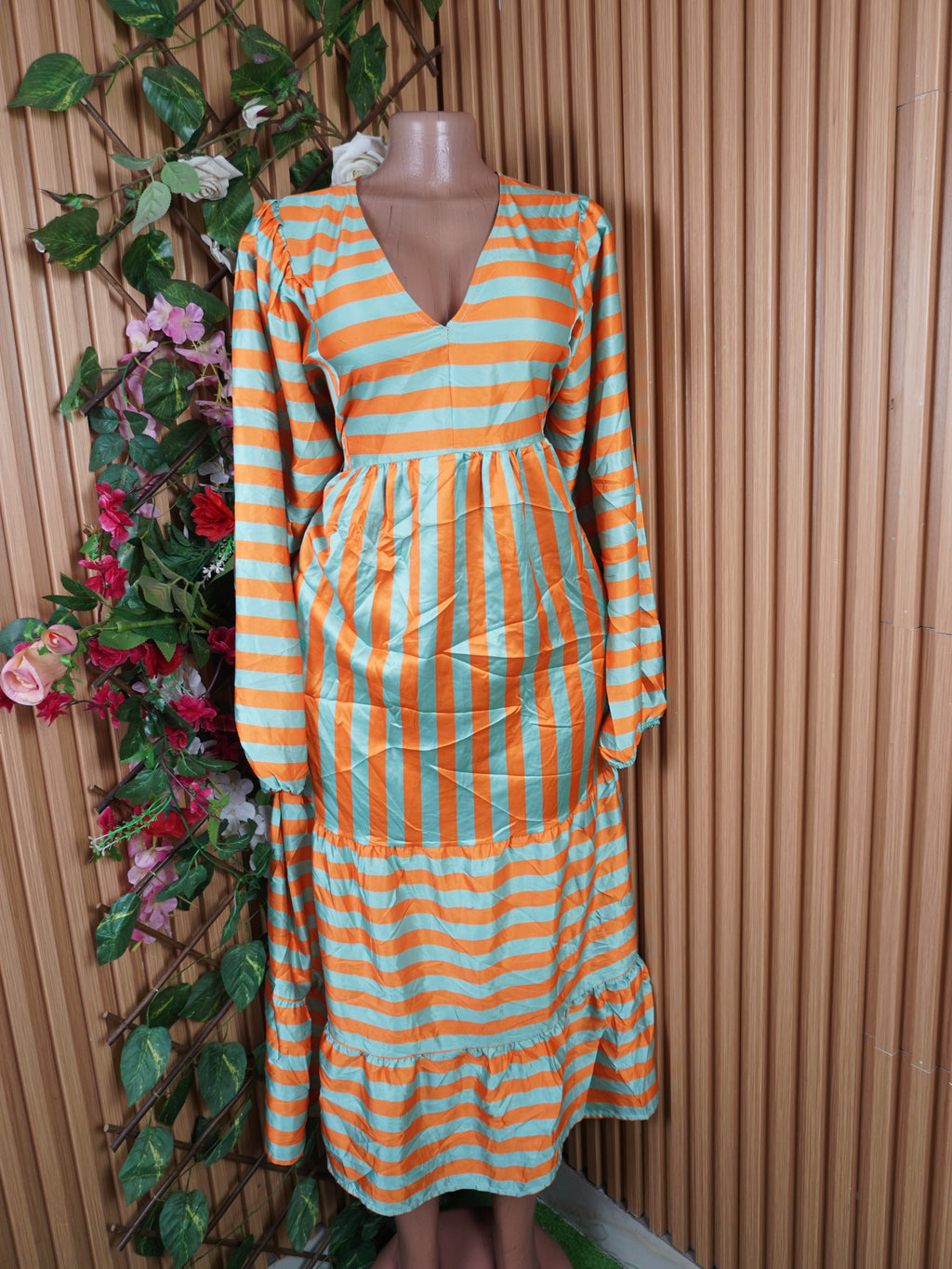 Robe evasée longue manches longues rayée-XL