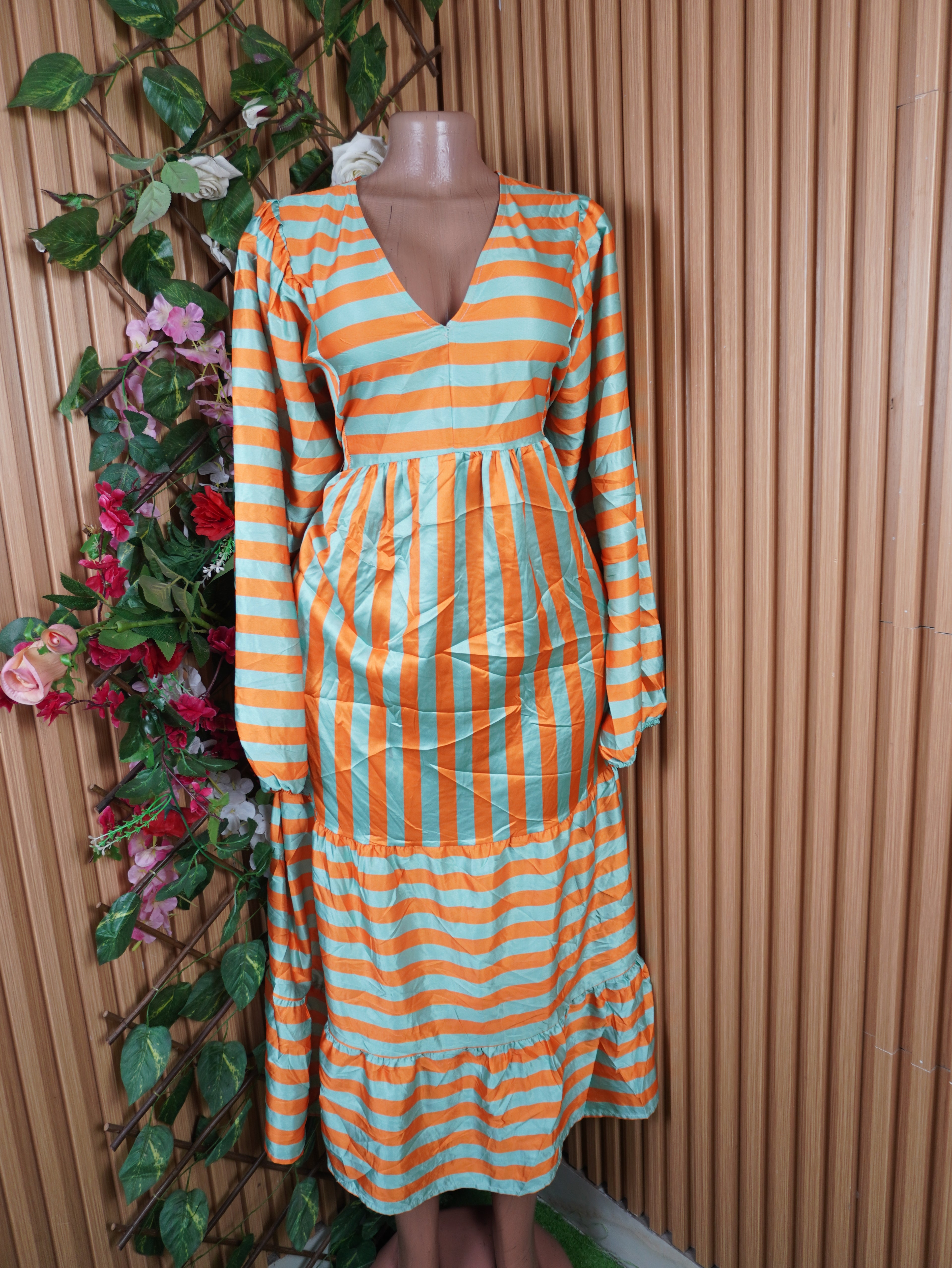 Robe evasée longue manches longues rayée-XL