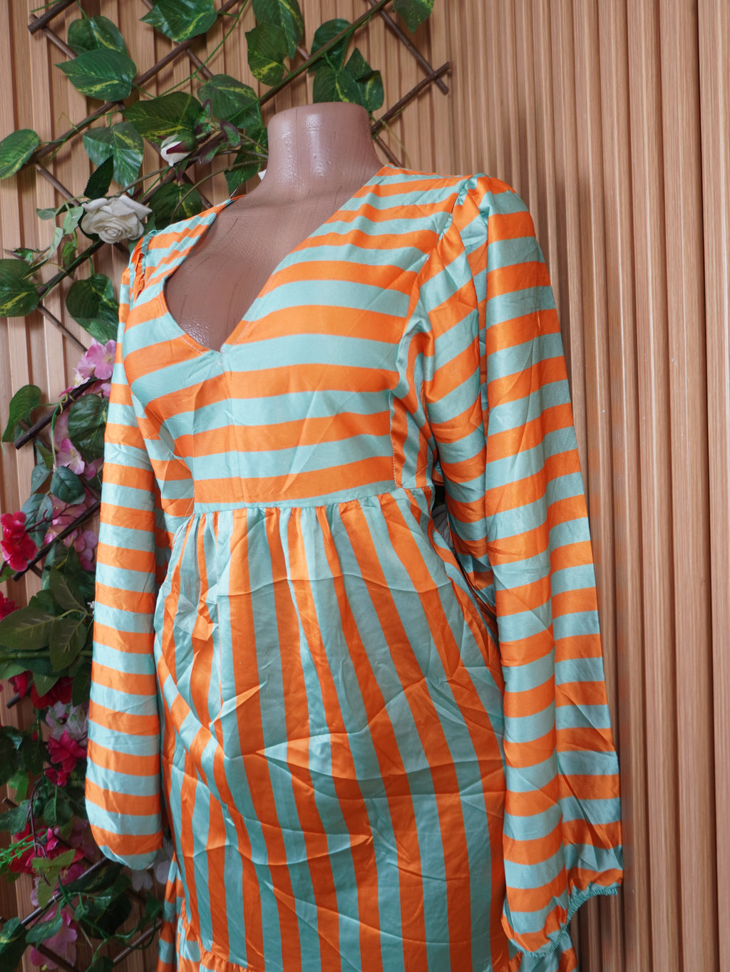 Robe evasée longue manches longues rayée-XL