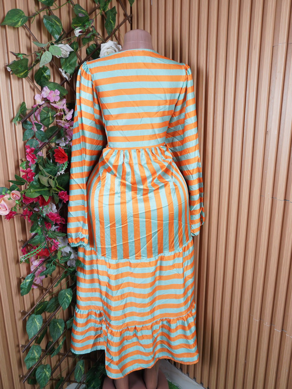 Robe evasée longue manches longues rayée-XL