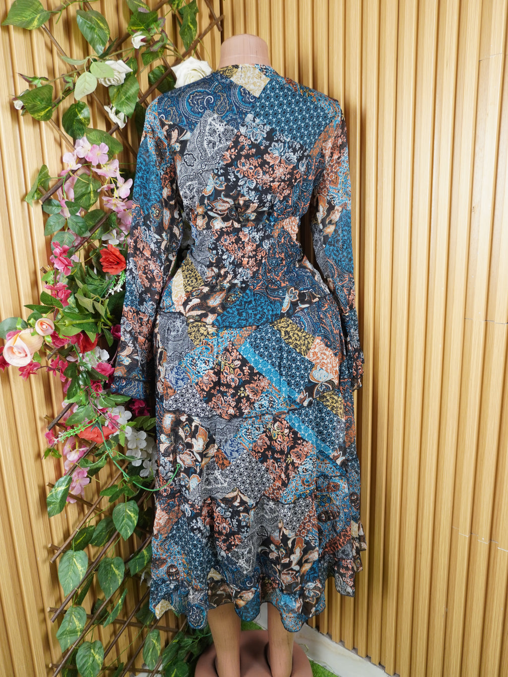 Robe évasée longue manches longues imprimée fleurie-L