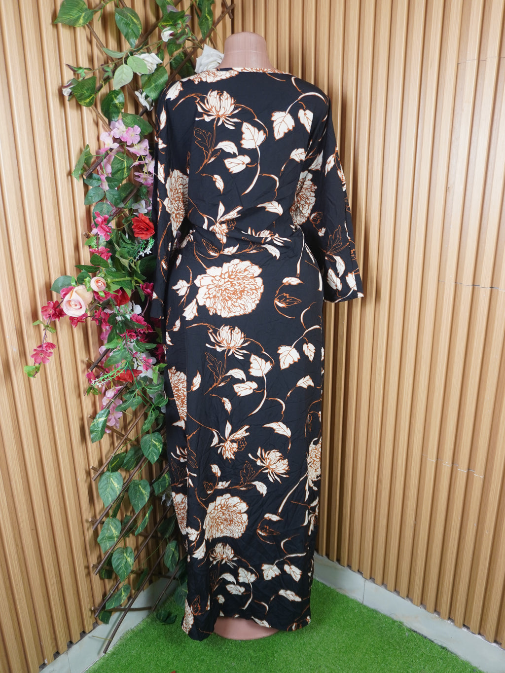 Robe évasée longue manches longues imprimée fleurie-L