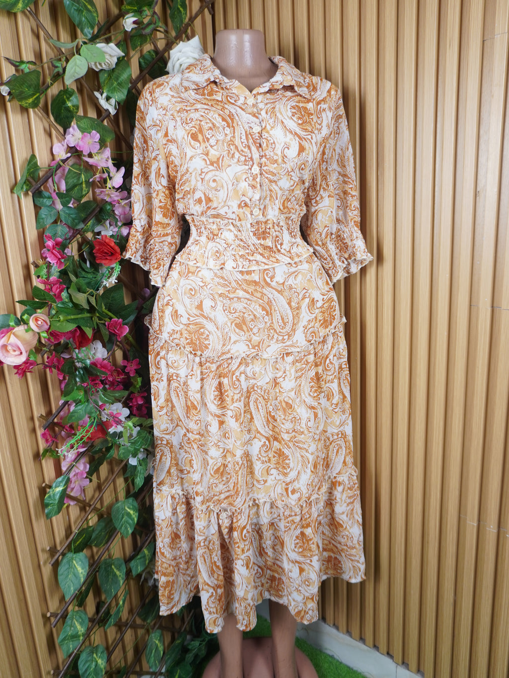 Robe longue évasée manches courtes col chemeise-L