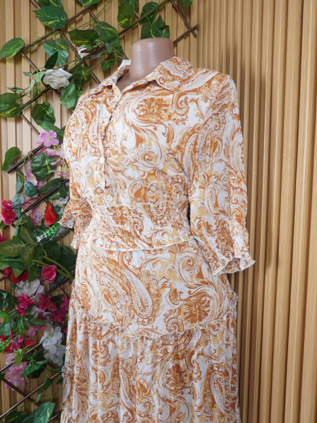Robe longue évasée manches courtes col chemeise-L