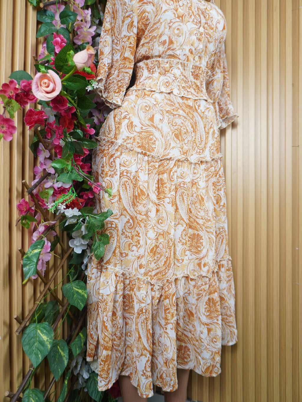 Robe longue évasée manches courtes col chemeise-L