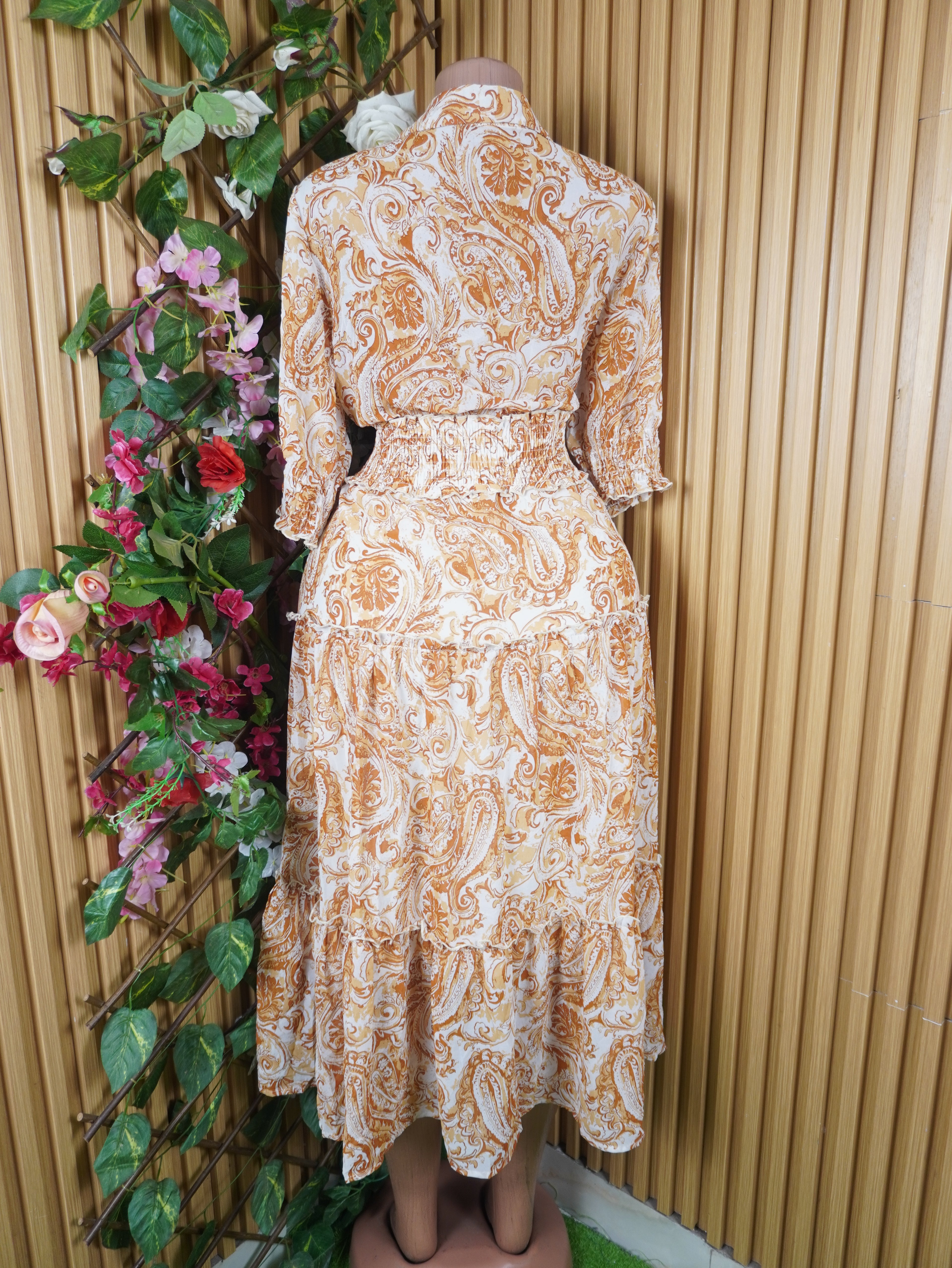 Robe longue évasée manches courtes col chemeise-L