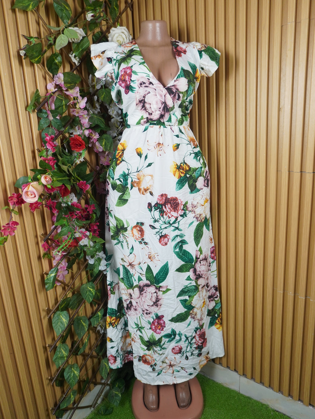 Robe évasée longue manches courtes imprimée fleurie-S