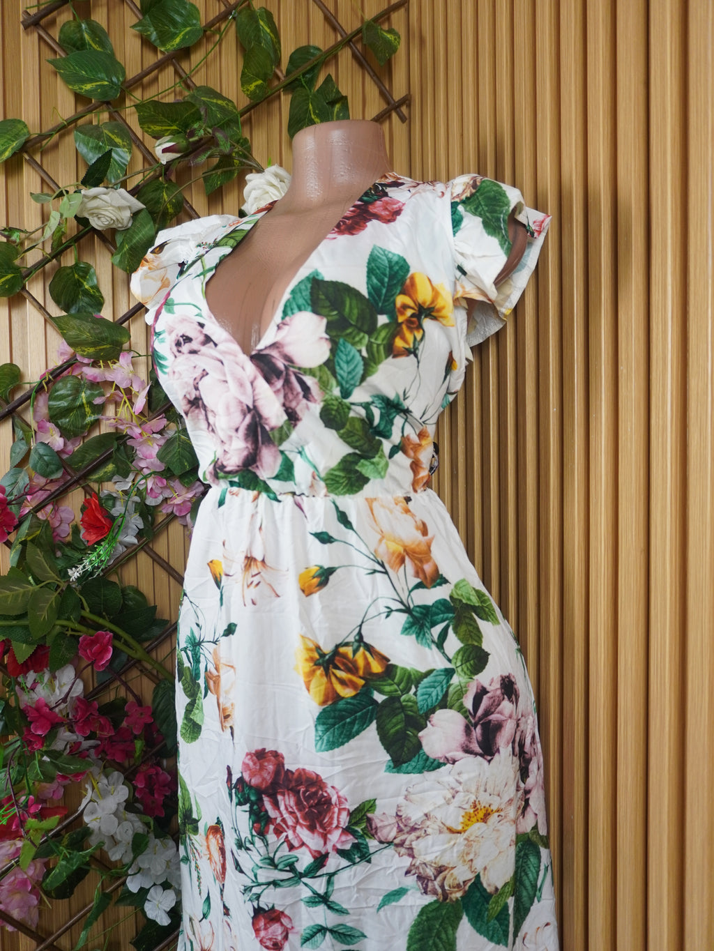 Robe évasée longue manches courtes imprimée fleurie-S