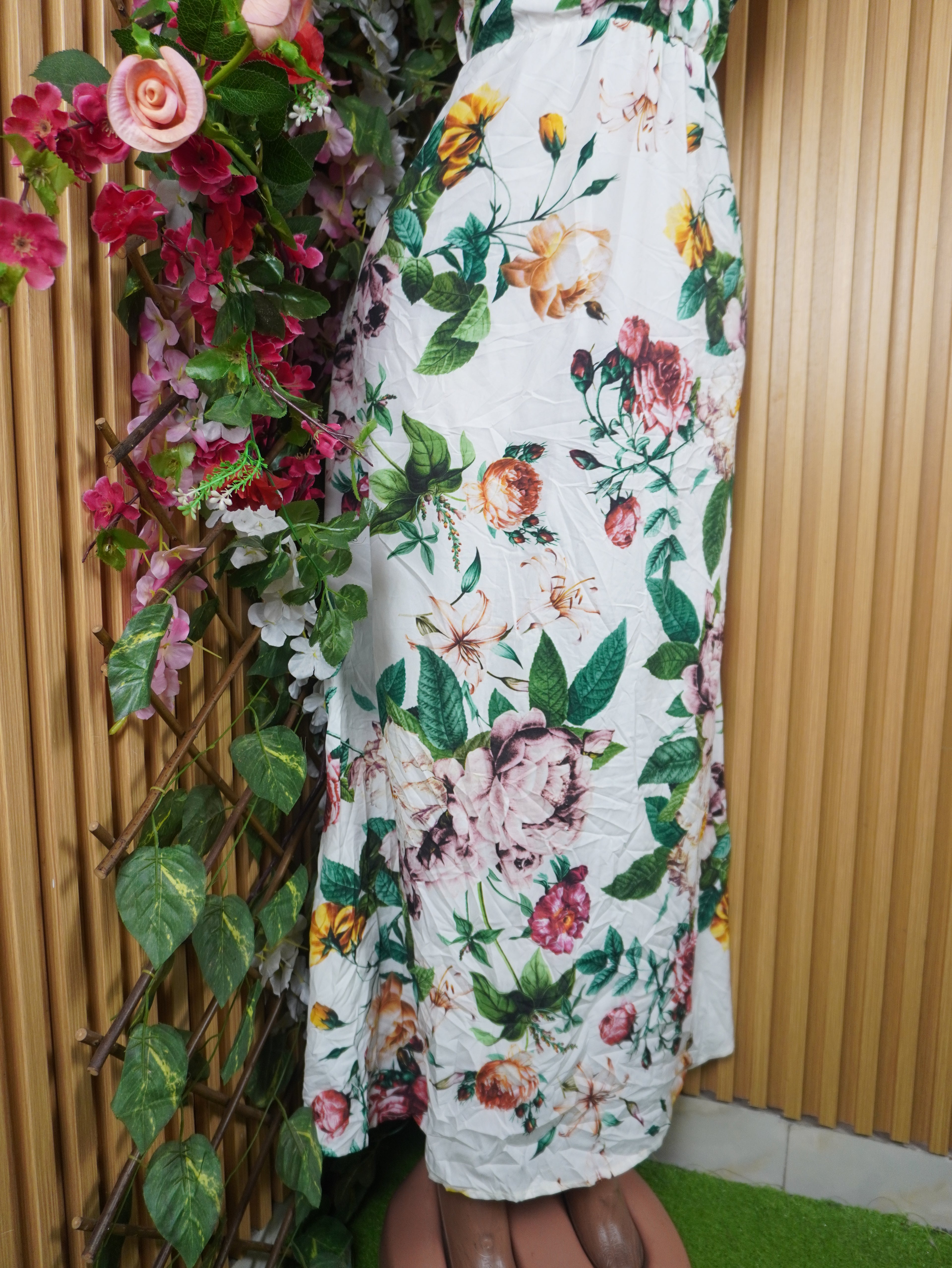 Robe évasée longue manches courtes imprimée fleurie-S