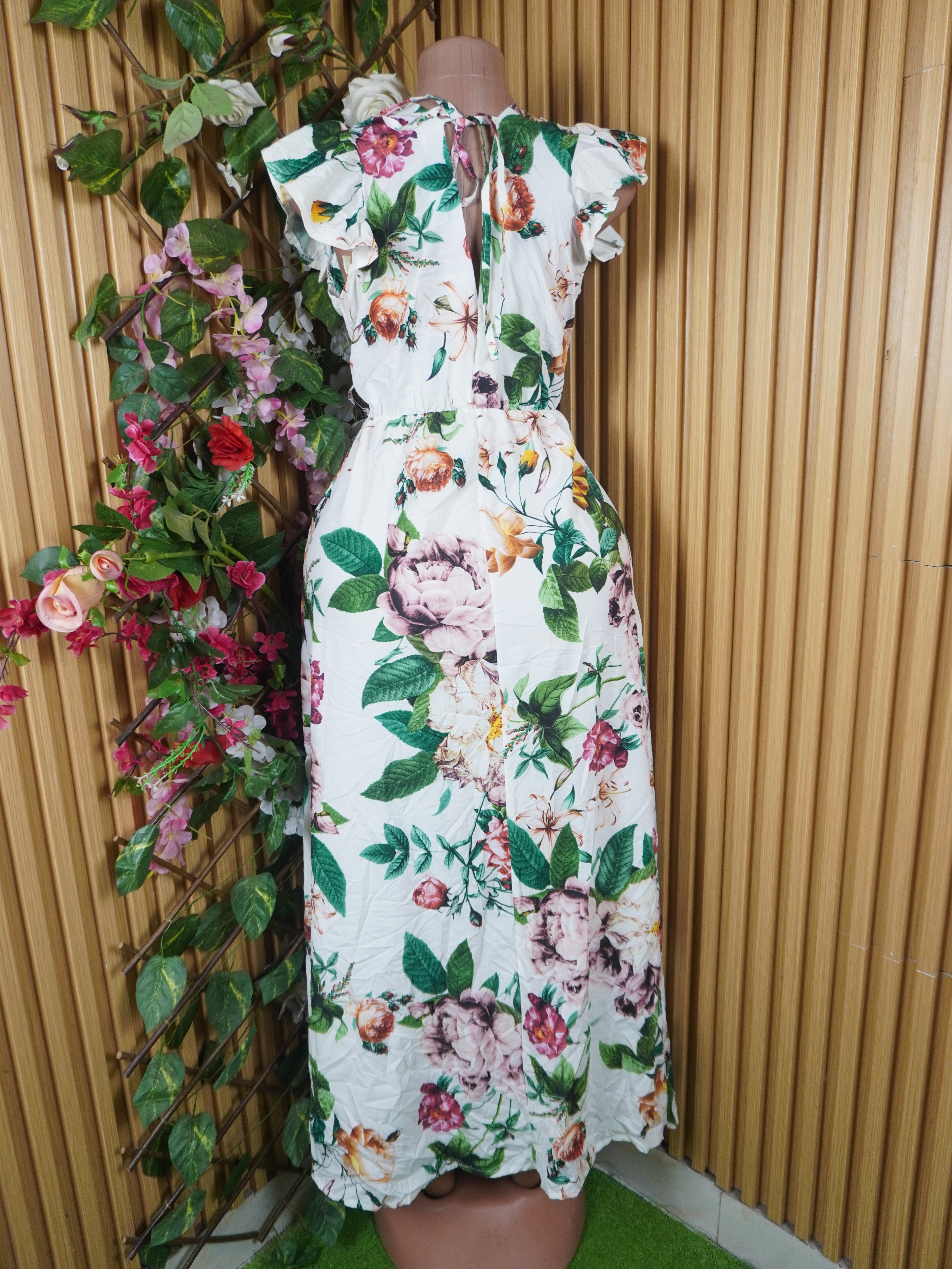 Robe évasée longue manches courtes imprimée fleurie-S