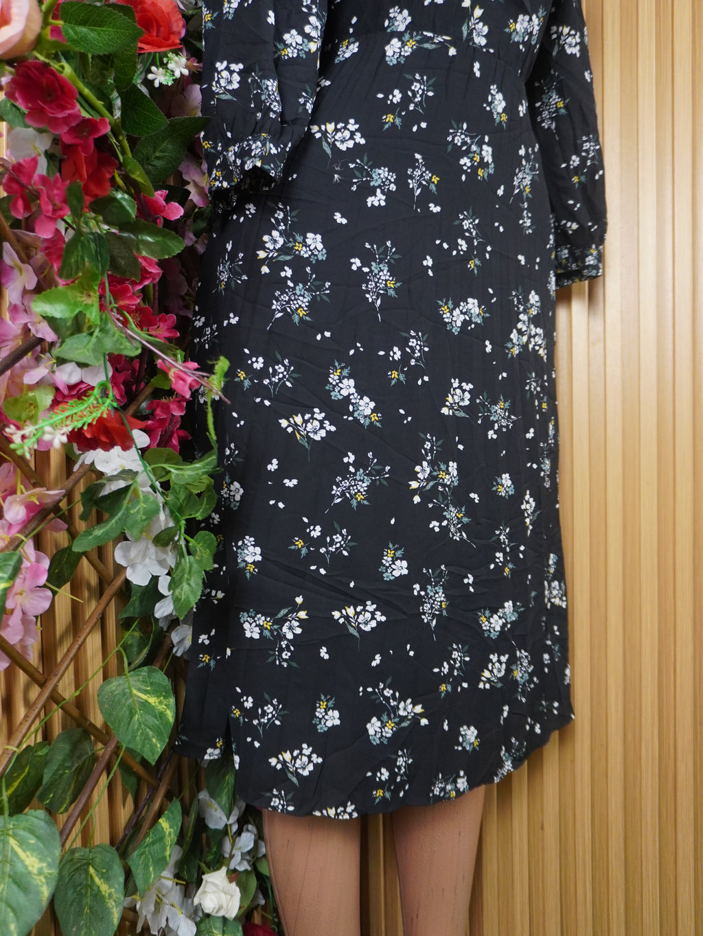 Robe évasée manches longues imprimée fleurie décolletée-S