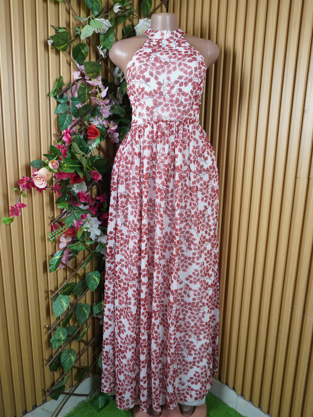 Robe évasée longue sans manches imprimée fleurie-S