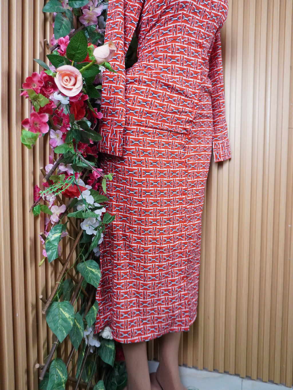 Robe évasée manches longues col chemise avec boutons-S