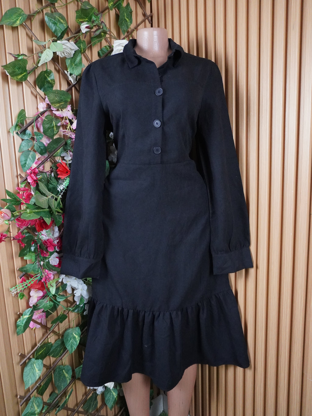 Robe évasée manches longues col chemise avec boutons-L