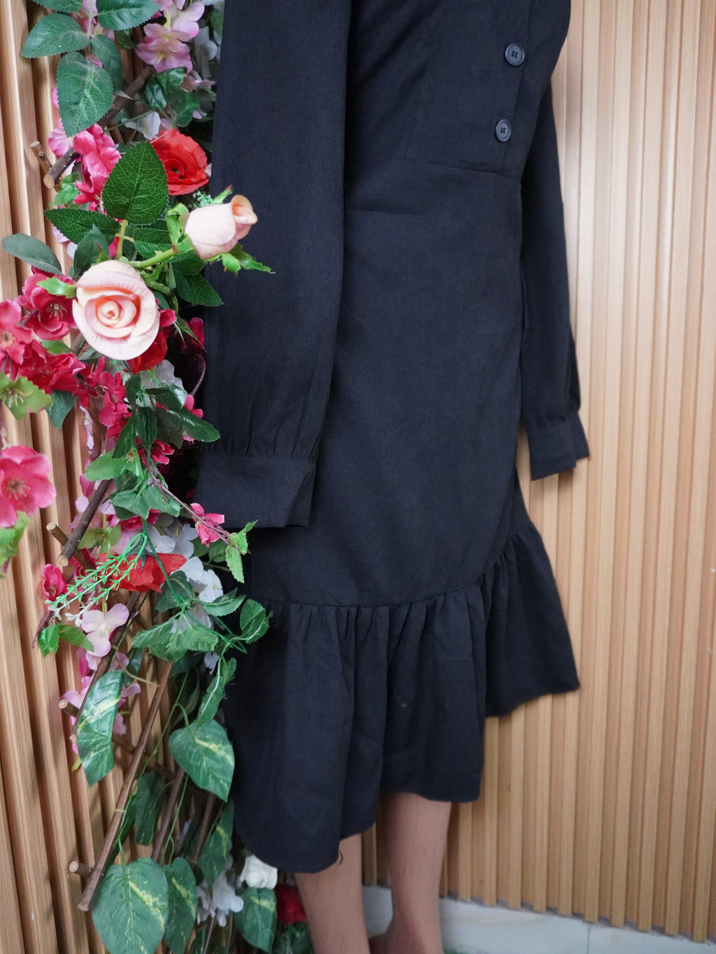 Robe évasée manches longues col chemise avec boutons-L