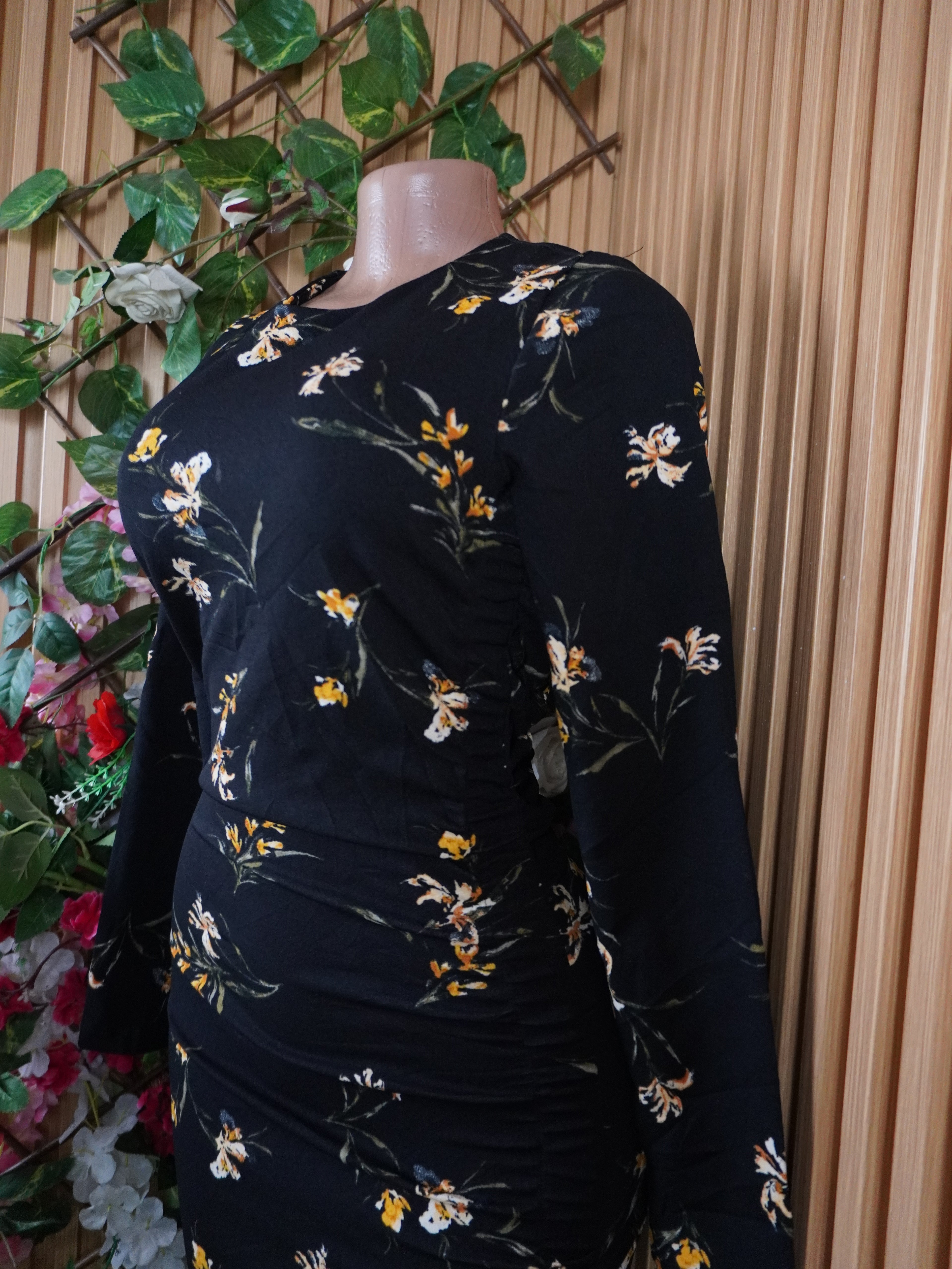 Robe moulante slim manches longues imprimée fleurie-S