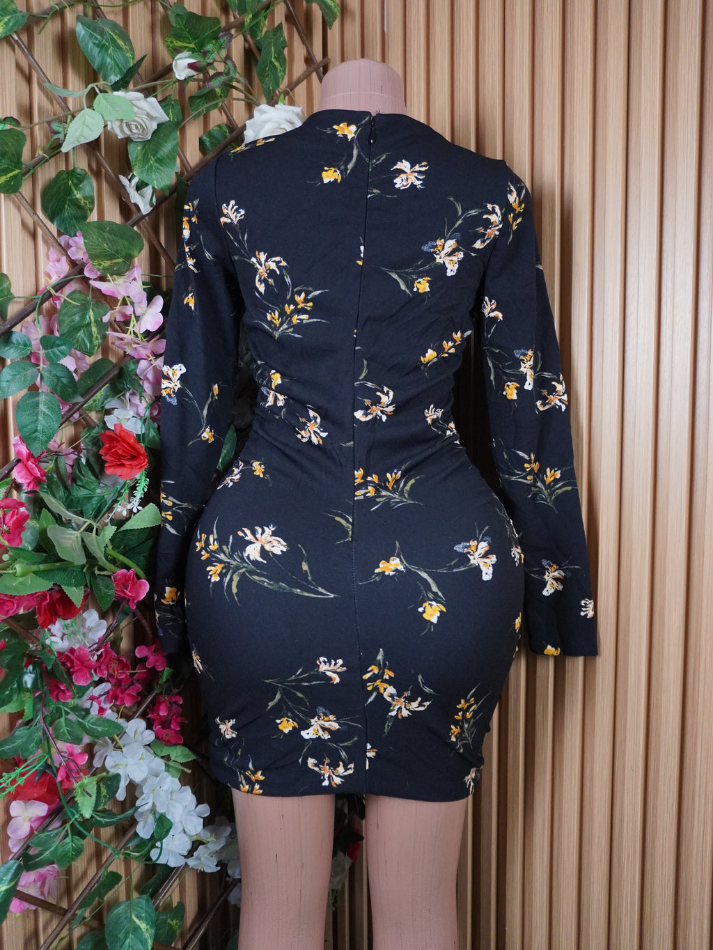 Robe moulante slim manches longues imprimée fleurie-S