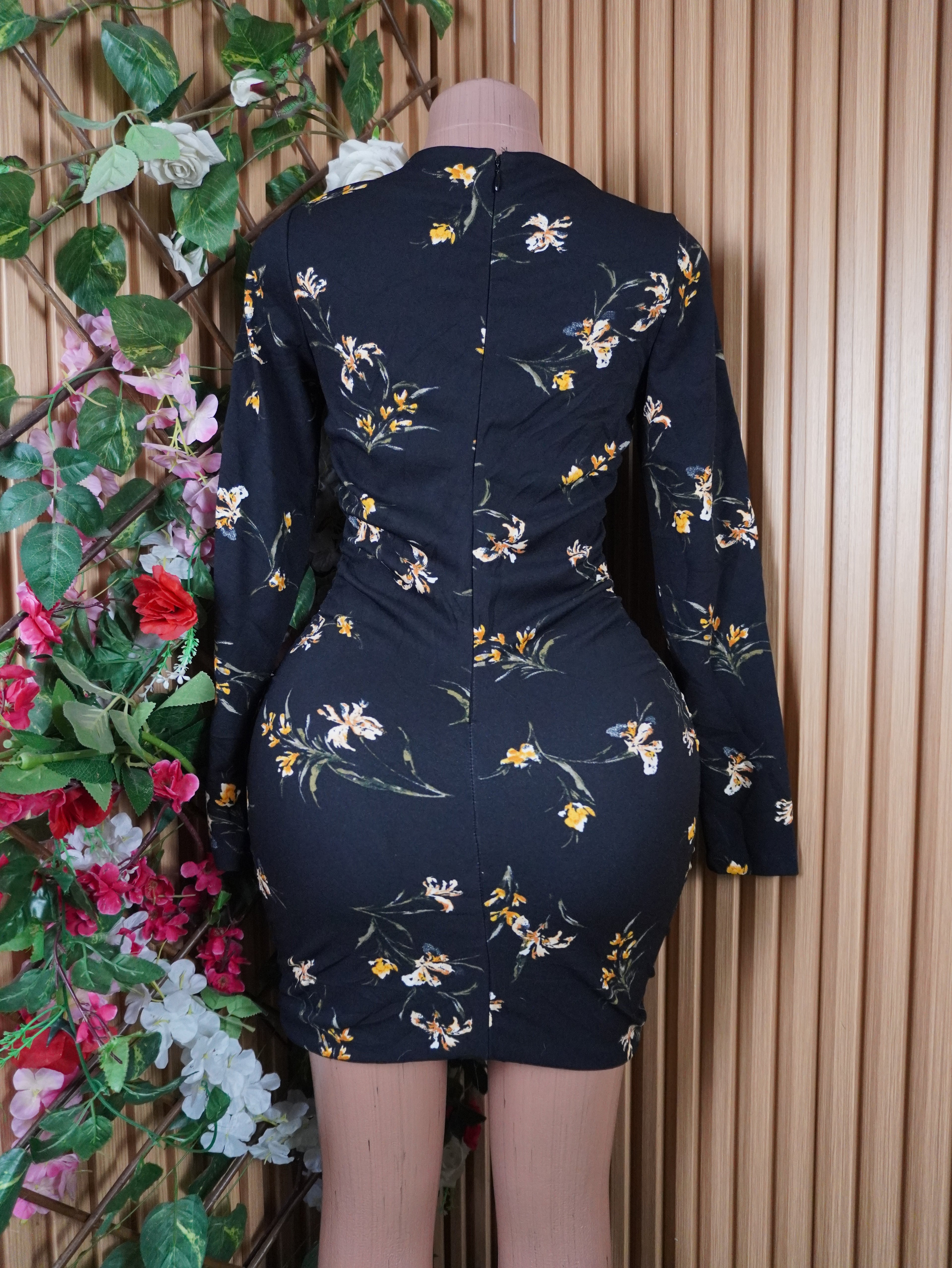 Robe moulante slim manches longues imprimée fleurie-S