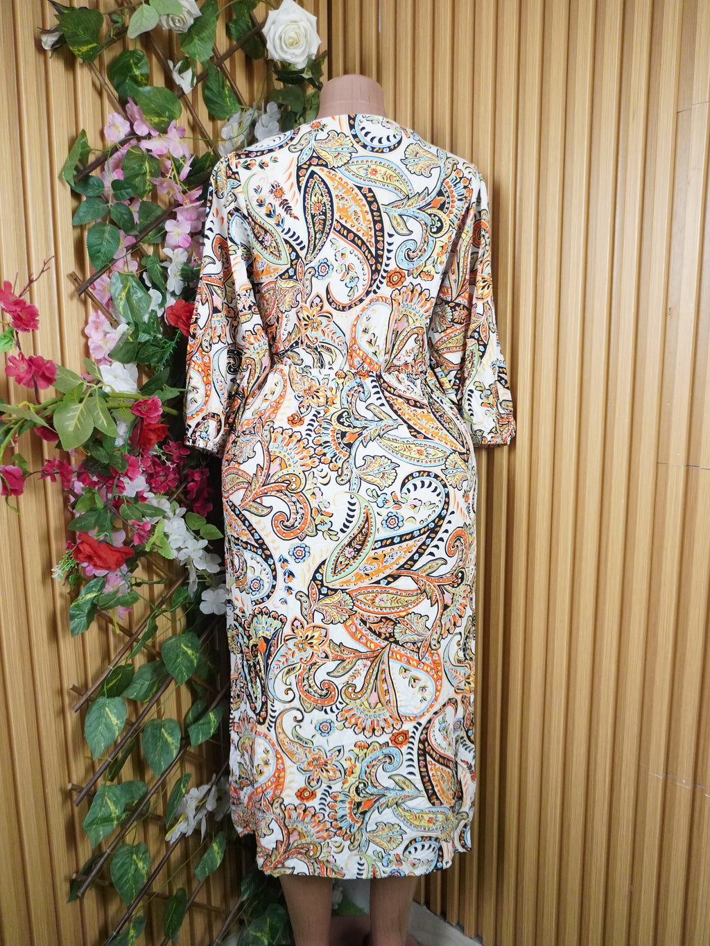 Robe évasée mi-longue manche longues imprimée fleurie-L