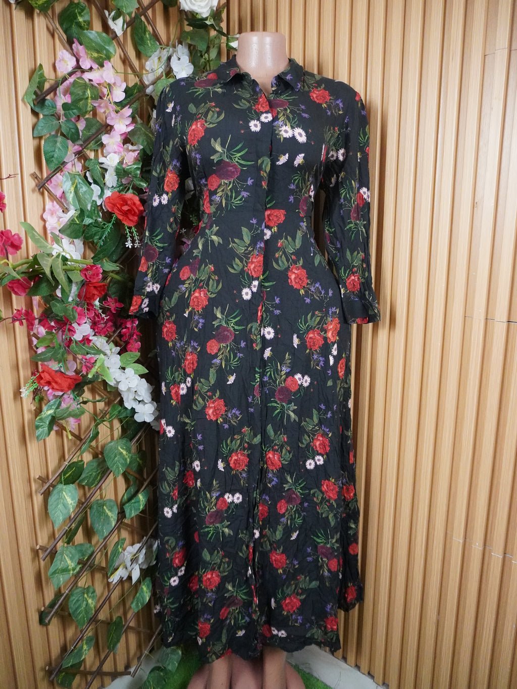 Robe évasée longue manches longues imprimée fleurie-M