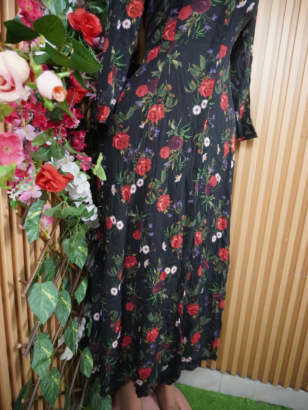 Robe évasée longue manches longues imprimée fleurie-M
