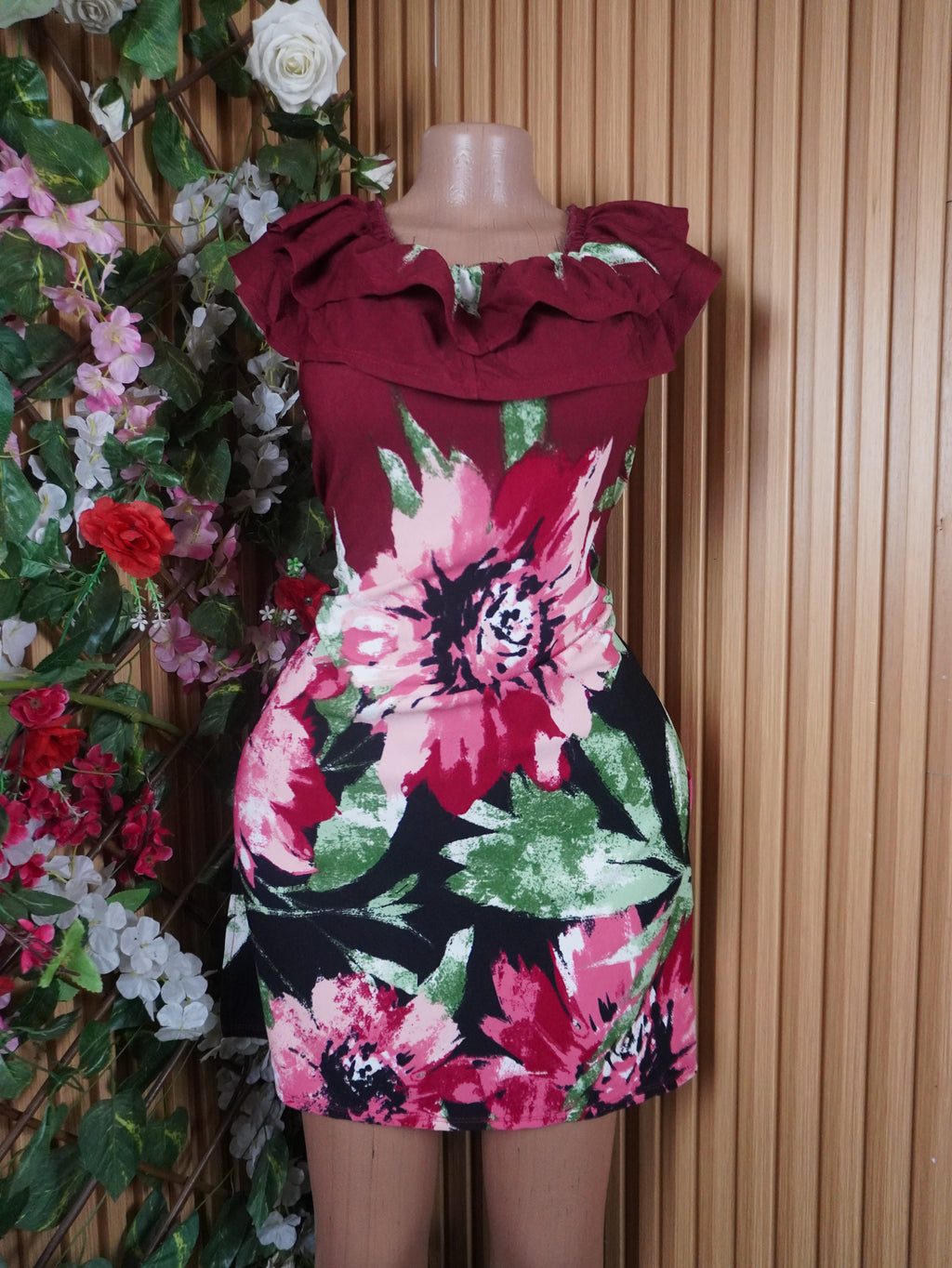 Robe évasée longue sans manches imprimée fleurie-S
