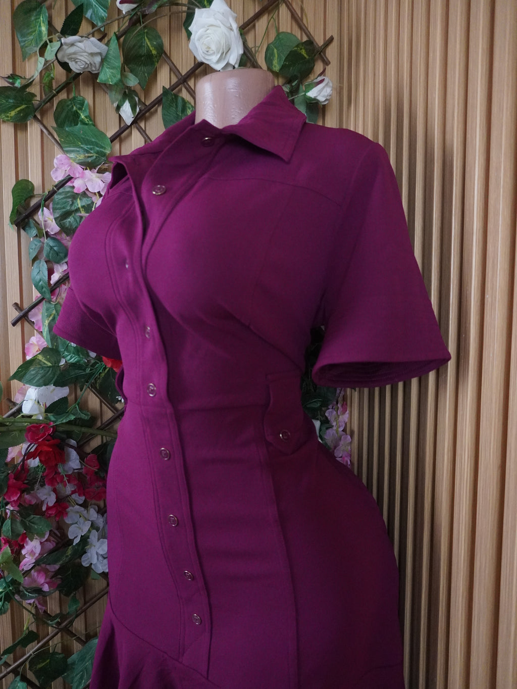 Robe évasée manches courtes avec boutons col chemise-M