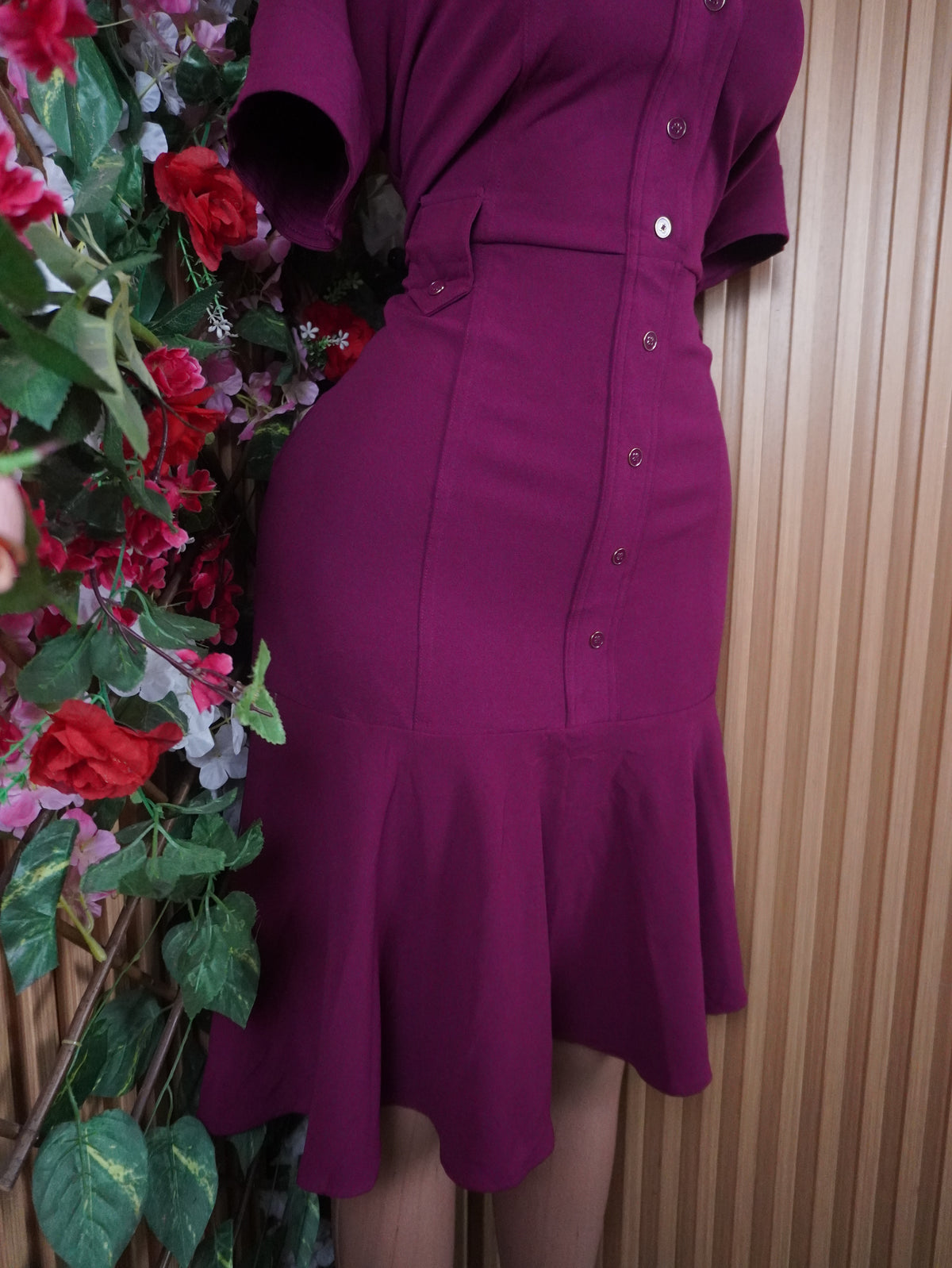 Robe évasée manches courtes avec boutons col chemise-M
